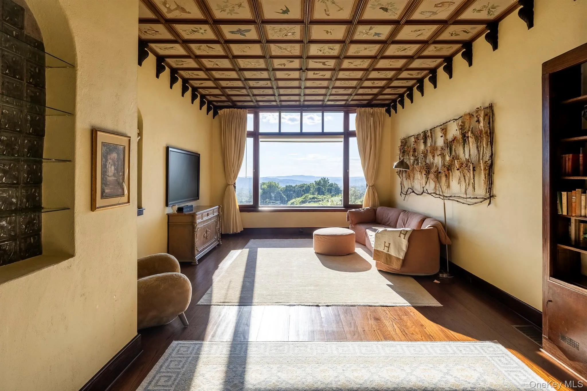 Living Room with Hand Painted Ceiling, Picture Window, and Incredible Distant Views Living Room with Hand Painted Ceiling, Picture Window, and Incredible Distant Views