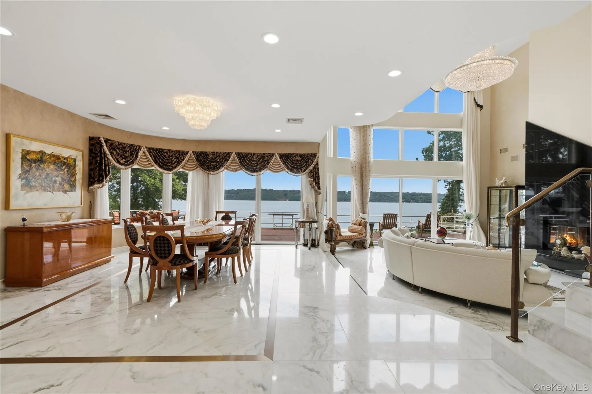 Great room with Marble floors, brass inlay, fireplace Great room with Marble floors, brass inlay, fireplace