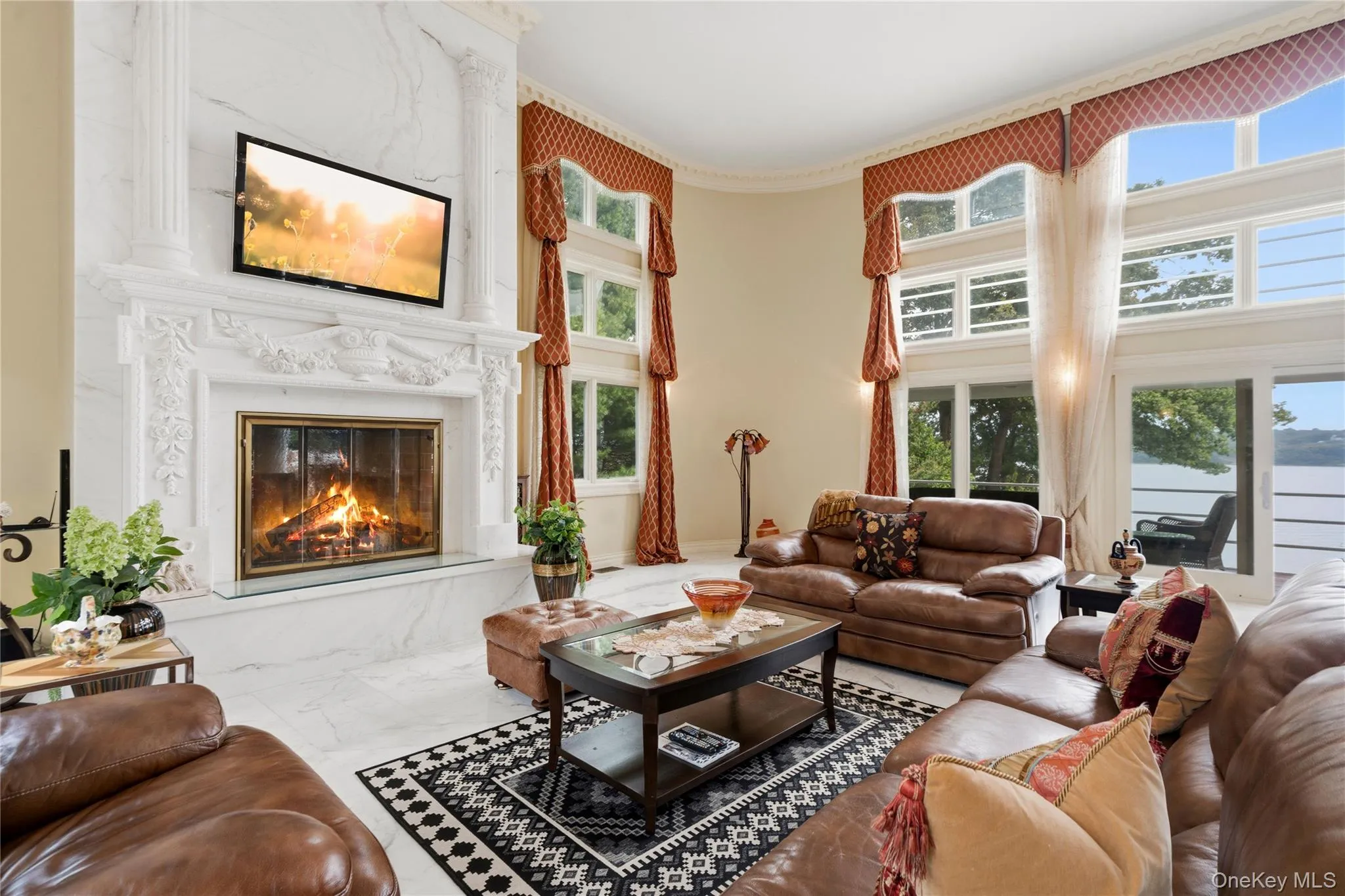 Marble fireplace, walls of glass Marble fireplace, walls of glass