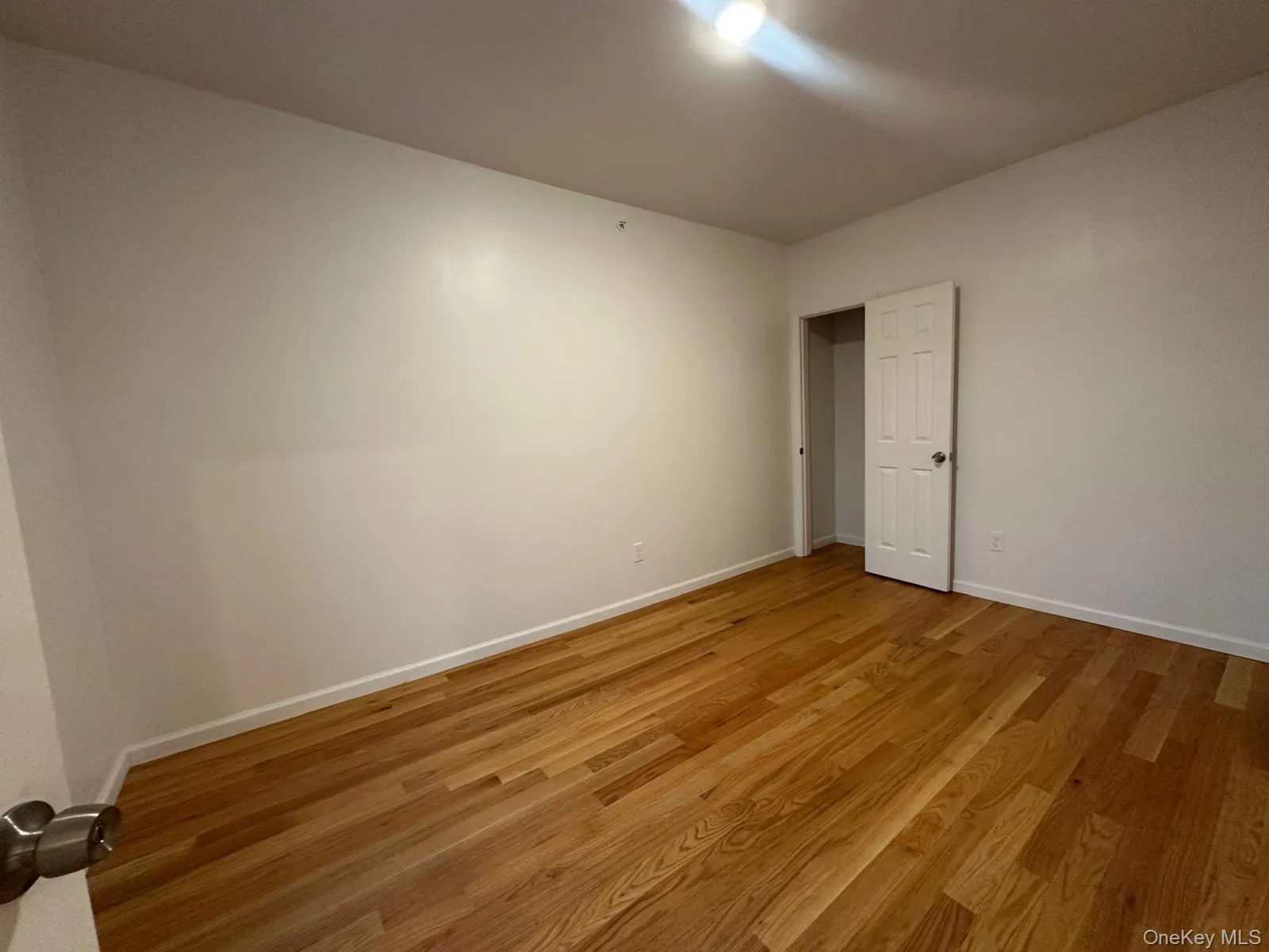 Wood-finish flooring with crisp white walls and ceiling Wood-finish flooring with crisp white walls and ceiling