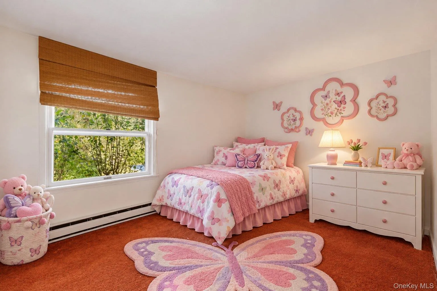 Virtually staged bedroom demonstrating a cheerful child-friendly layout while highlighting the room’s size and large window. Virtually staged bedroom demonstrating a cheerful child-friendly layout while highlighting the room’s size and large window.