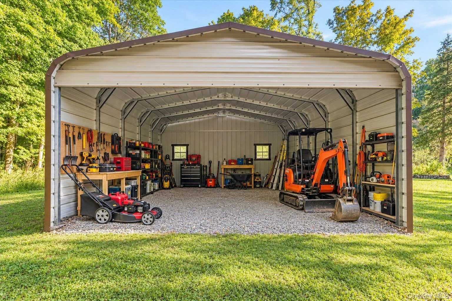 Virtually Stage Barn highlighting its storage capacity, workbench potential, and space for lawn or property-maintenance equipment. Virtually Stage Barn highlighting its storage capacity, workbench potential, and space for lawn or property-maintenance equipment.