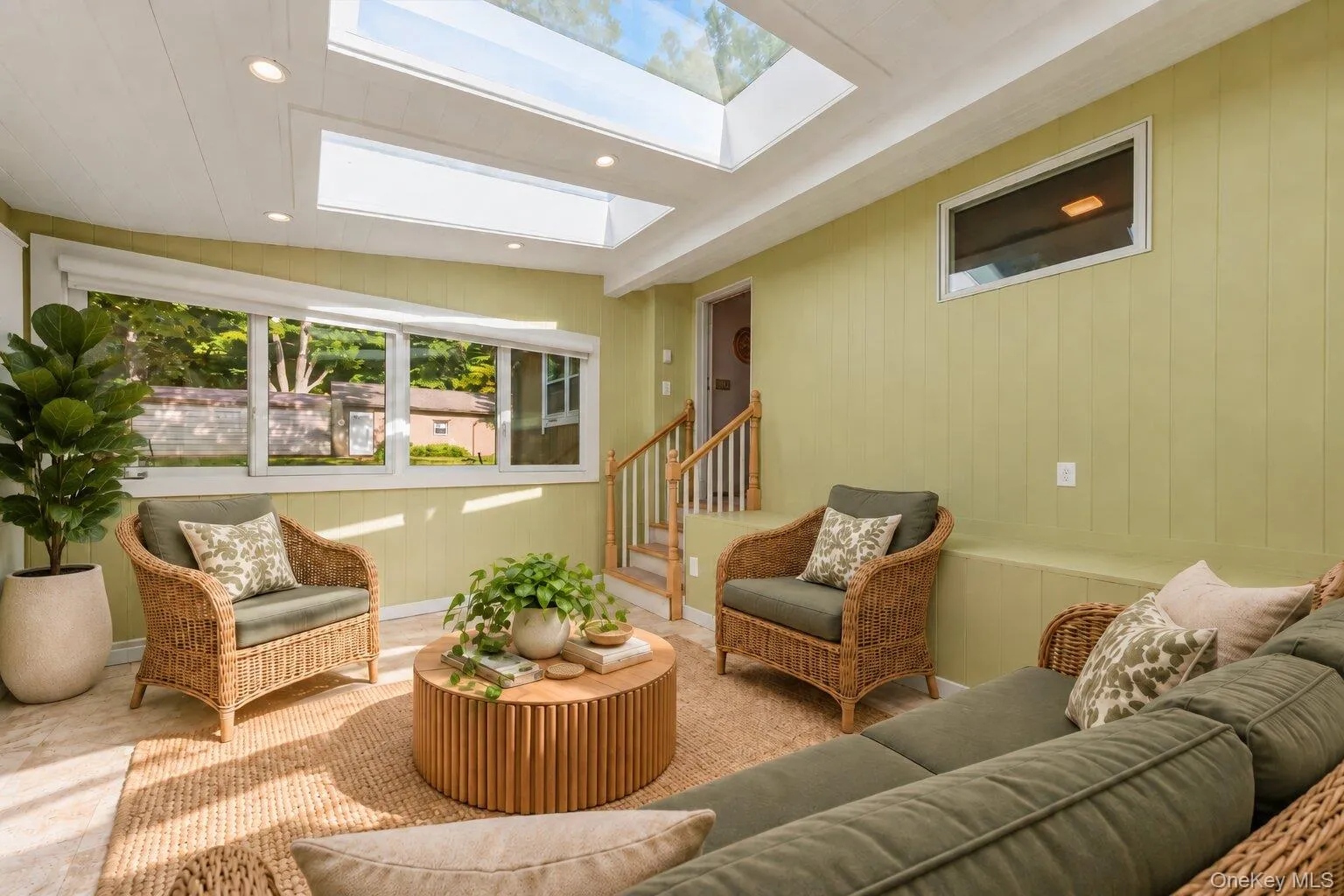 Virtually staged sunroom showcasing the abundant natural light, skylights, and flexible seating possibilities. Virtually staged sunroom showcasing the abundant natural light, skylights, and flexible seating possibilities.