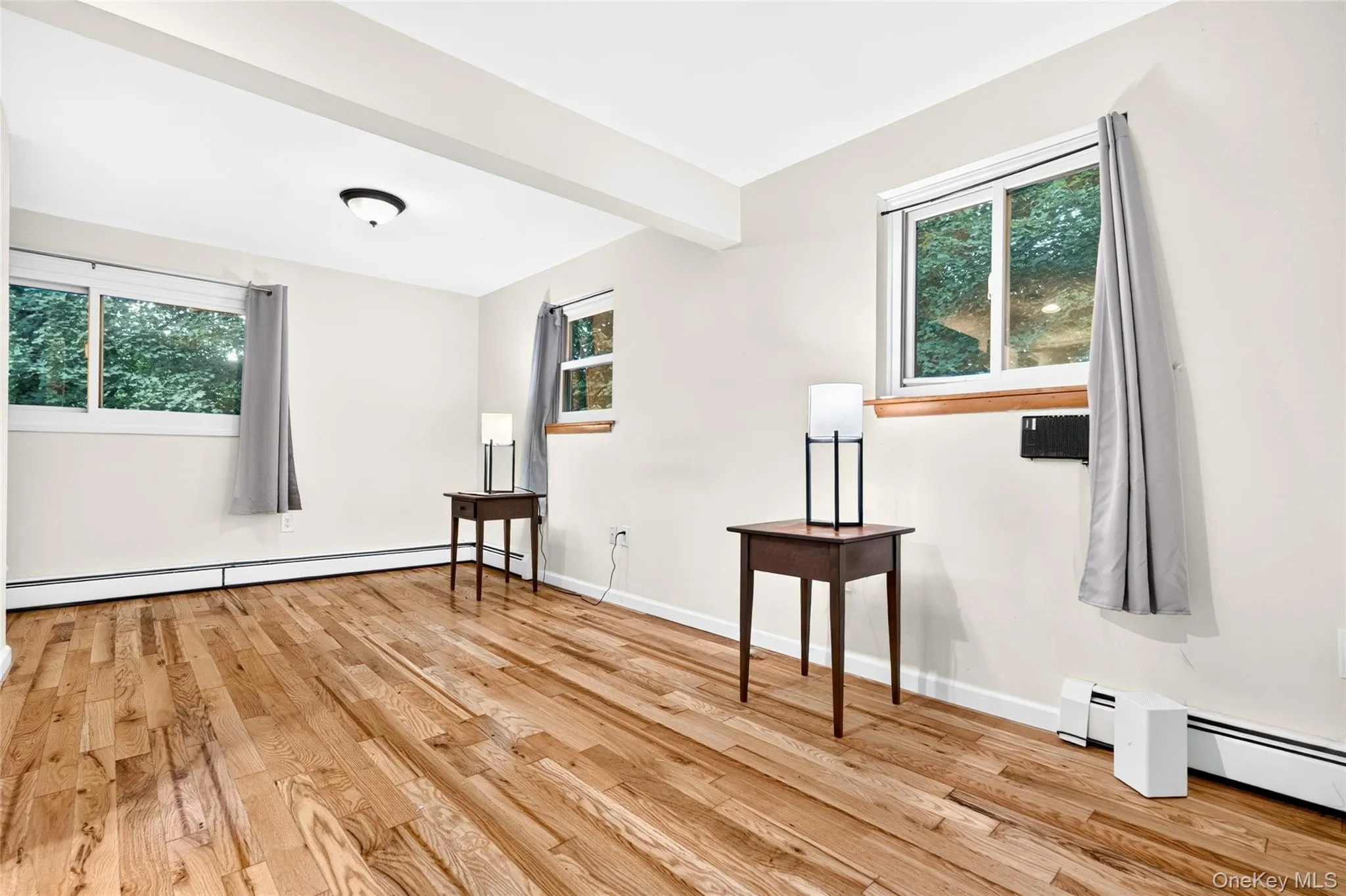 Hardwood flooring, painted walls, two windows, two baseboard heating units, and a ceiling-mounted light fixture Hardwood flooring, painted walls, two windows, two baseboard heating units, and a ceiling-mounted light fixture