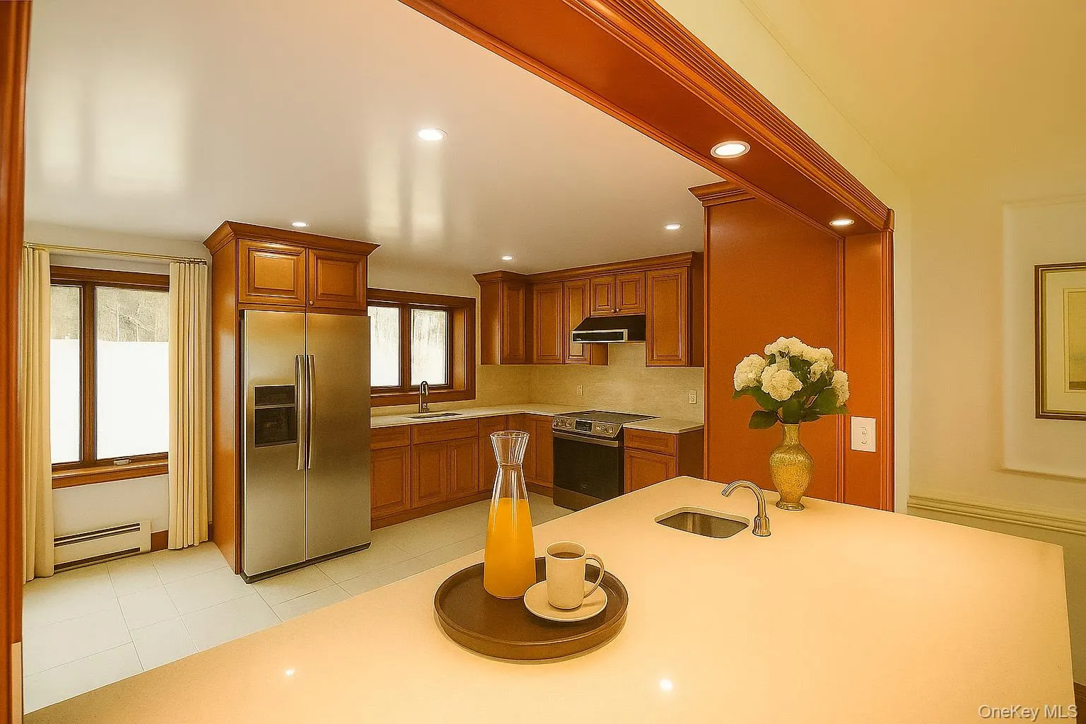 Kitchen with appliances with stainless steel finishes, brown cabinetry, light tile patterned floors, baseboard heating, and healthy amount of natural light Kitchen with appliances with stainless steel finishes, brown cabinetry, light tile patterned floors, baseboard heating, and healthy amount of natural light
