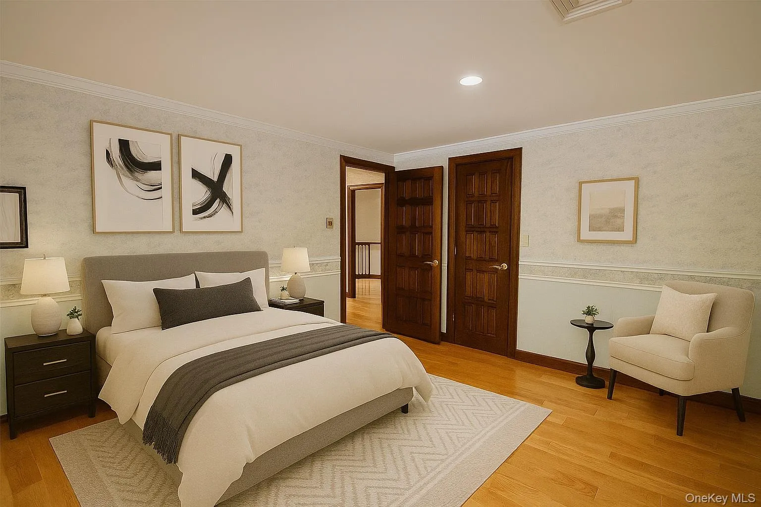 4th bedroom with light wood-style flooring, ornamental molding, wallpapered walls, and recessed lighting 4th bedroom with light wood-style flooring, ornamental molding, wallpapered walls, and recessed lighting