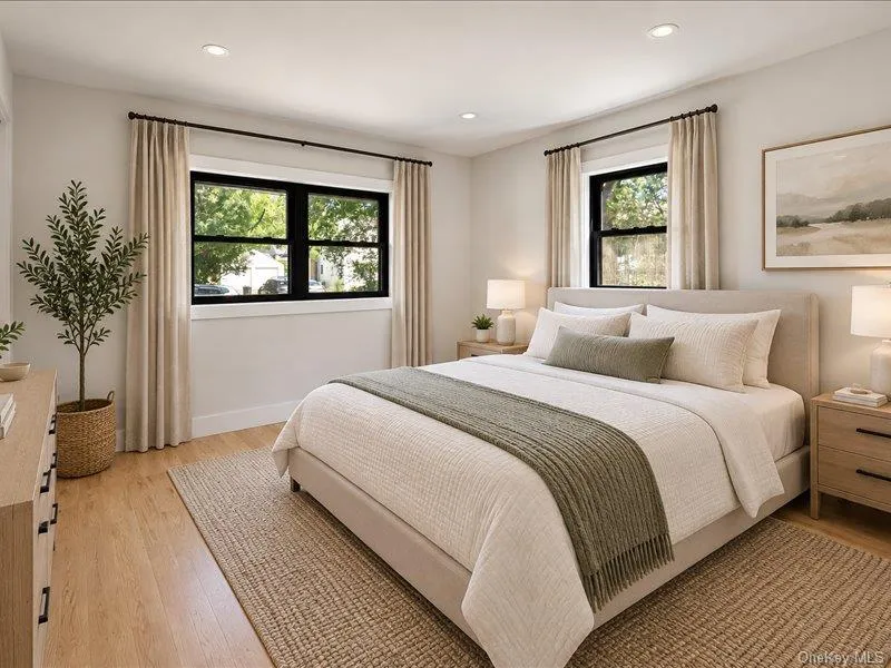 Recessed lighting, wood-finish flooring, and black-framed windows with neutral window treatments Recessed lighting, wood-finish flooring, and black-framed windows with neutral window treatments