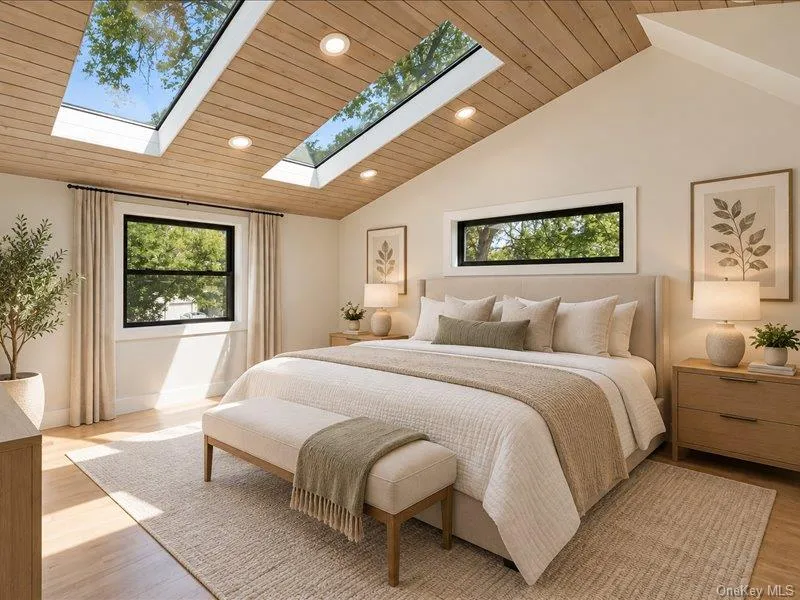 Vaulted ceiling with wood-finish paneling, two skylights, and recessed lighting Vaulted ceiling with wood-finish paneling, two skylights, and recessed lighting