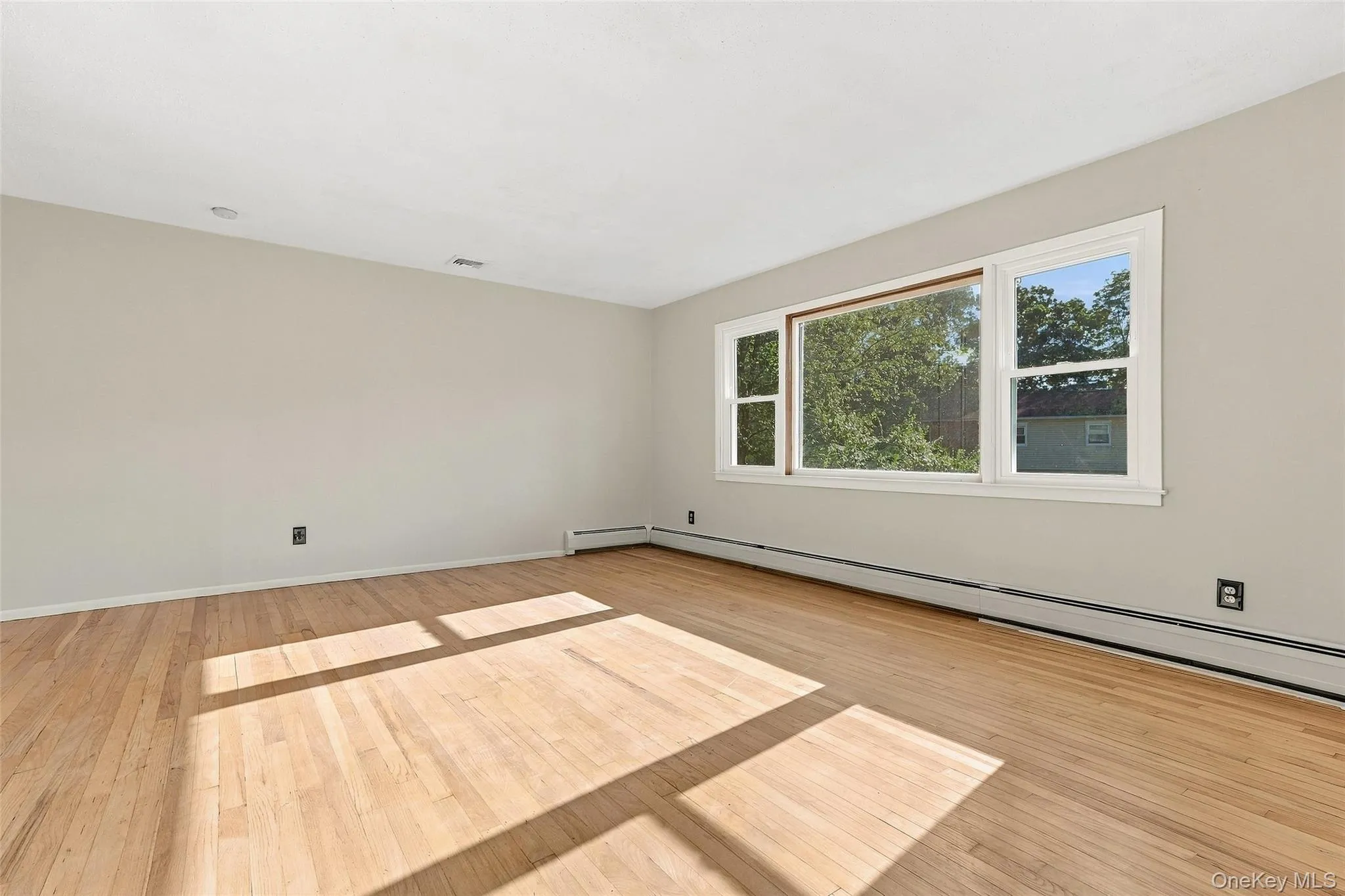 Living Room with Hardwood flooring, expansive window, light-toned walls, white trim, baseboard heating Living Room with Hardwood flooring, expansive window, light-toned walls, white trim, baseboard heating