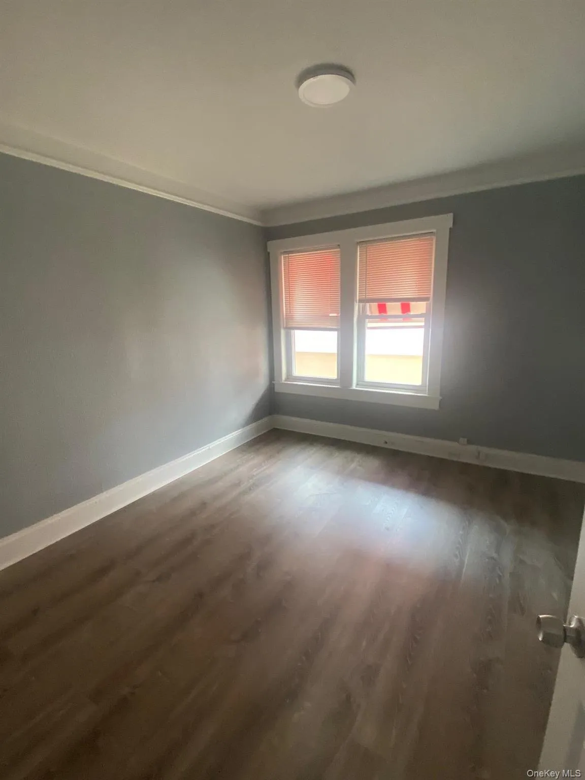 Spare room featuring crown molding and dark wood finished floors Spare room featuring crown molding and dark wood finished floors