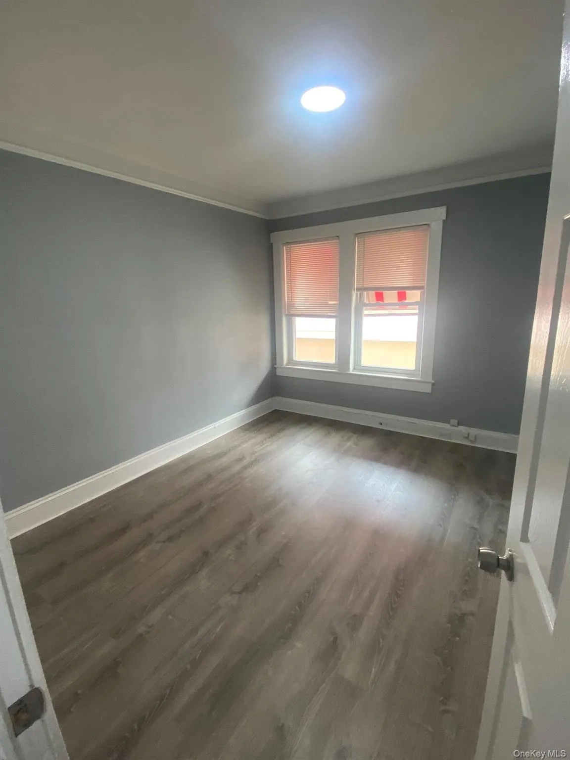 Empty room with ornamental molding and dark wood-style flooring Empty room with ornamental molding and dark wood-style flooring
