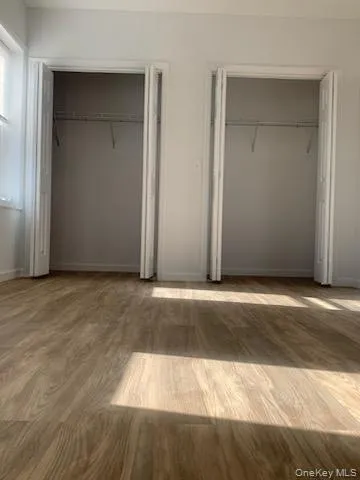 Unfurnished bedroom with multiple closets and wood finished floors Unfurnished bedroom with multiple closets and wood finished floors