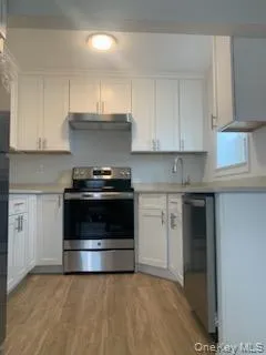 Kitchen featuring appliances with stainless steel finishes, under cabinet range hood, light countertops, and white cabinetry Kitchen featuring appliances with stainless steel finishes, under cabinet range hood, light countertops, and white cabinetry