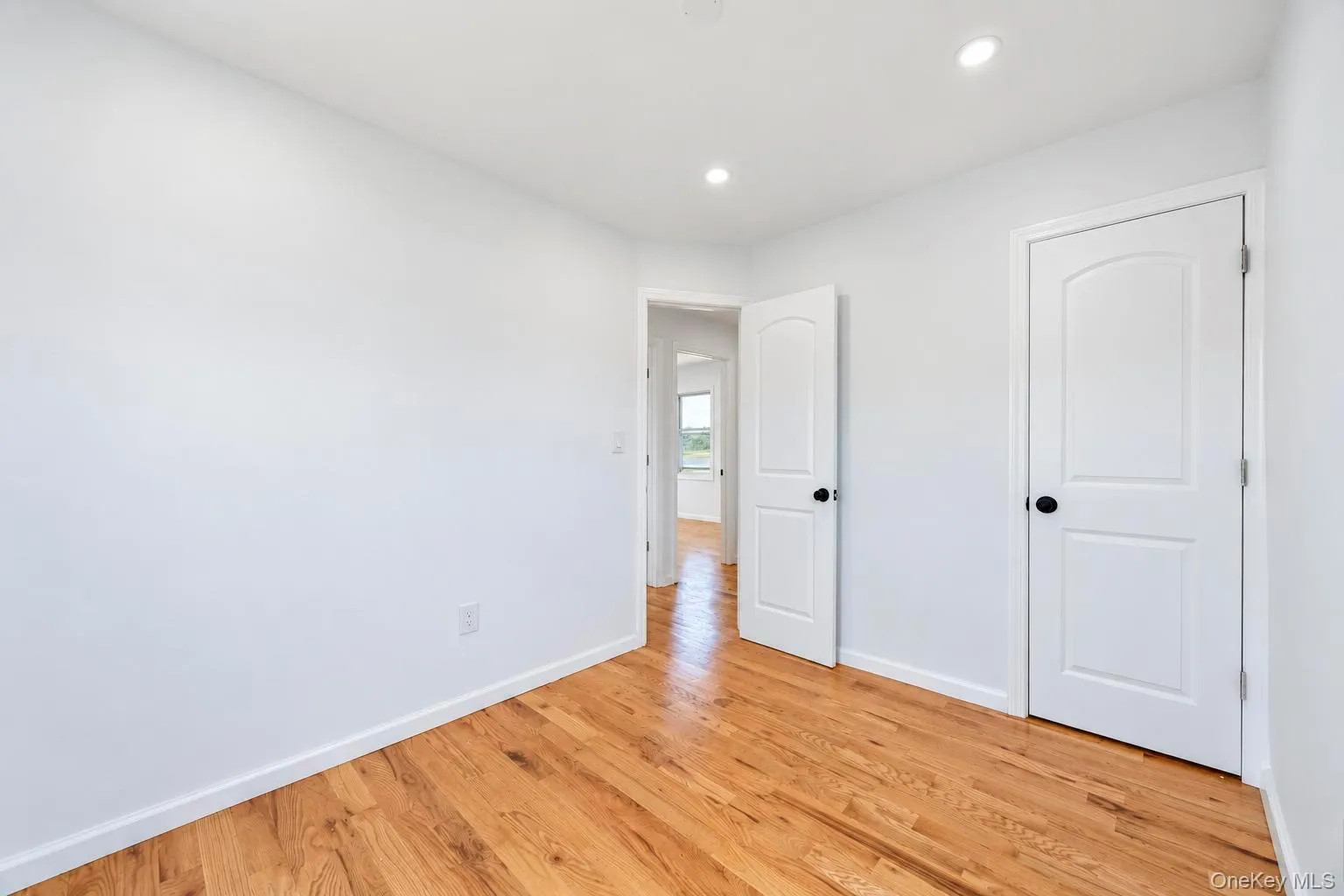 Hardwood flooring, crisp white walls, recessed lighting, and white paneled doors with matte black hardware Hardwood flooring, crisp white walls, recessed lighting, and white paneled doors with matte black hardware