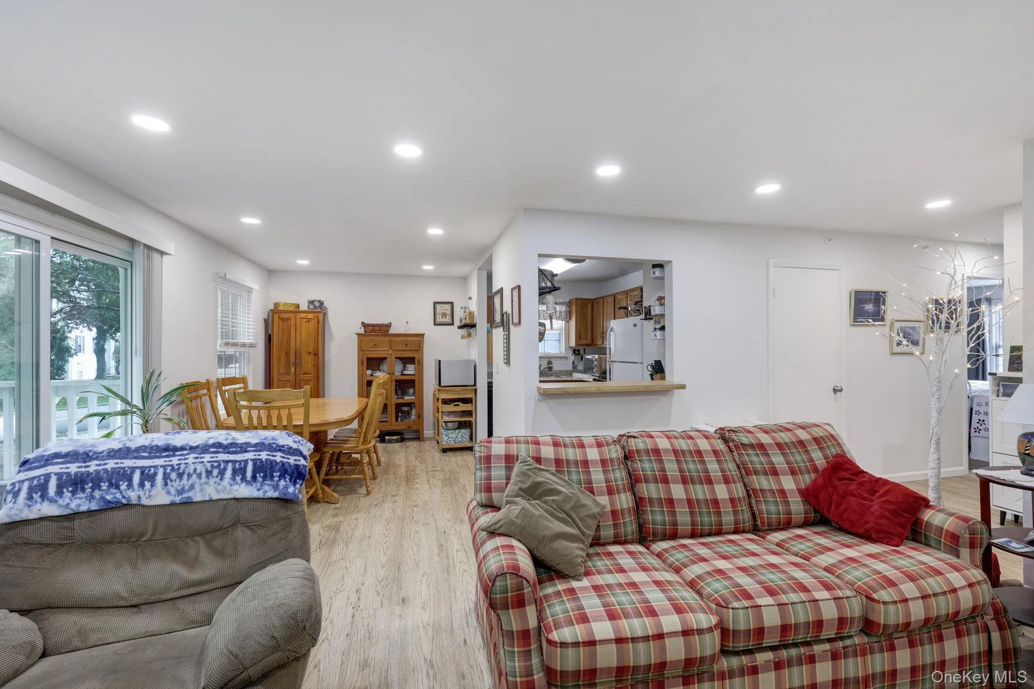Recessed ceiling lighting, wood-finish flooring, sliding glass door, kitchen pass-through, and white interior doors Recessed ceiling lighting, wood-finish flooring, sliding glass door, kitchen pass-through, and white interior doors