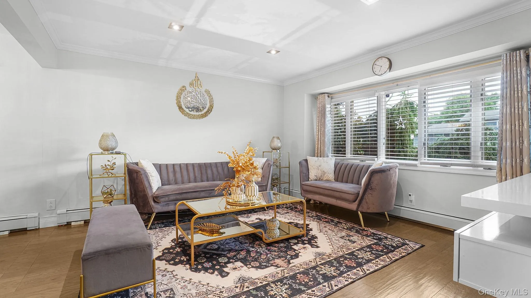 Living area featuring ornamental molding, a baseboard radiator, and wood finished floors Living area featuring ornamental molding, a baseboard radiator, and wood finished floors