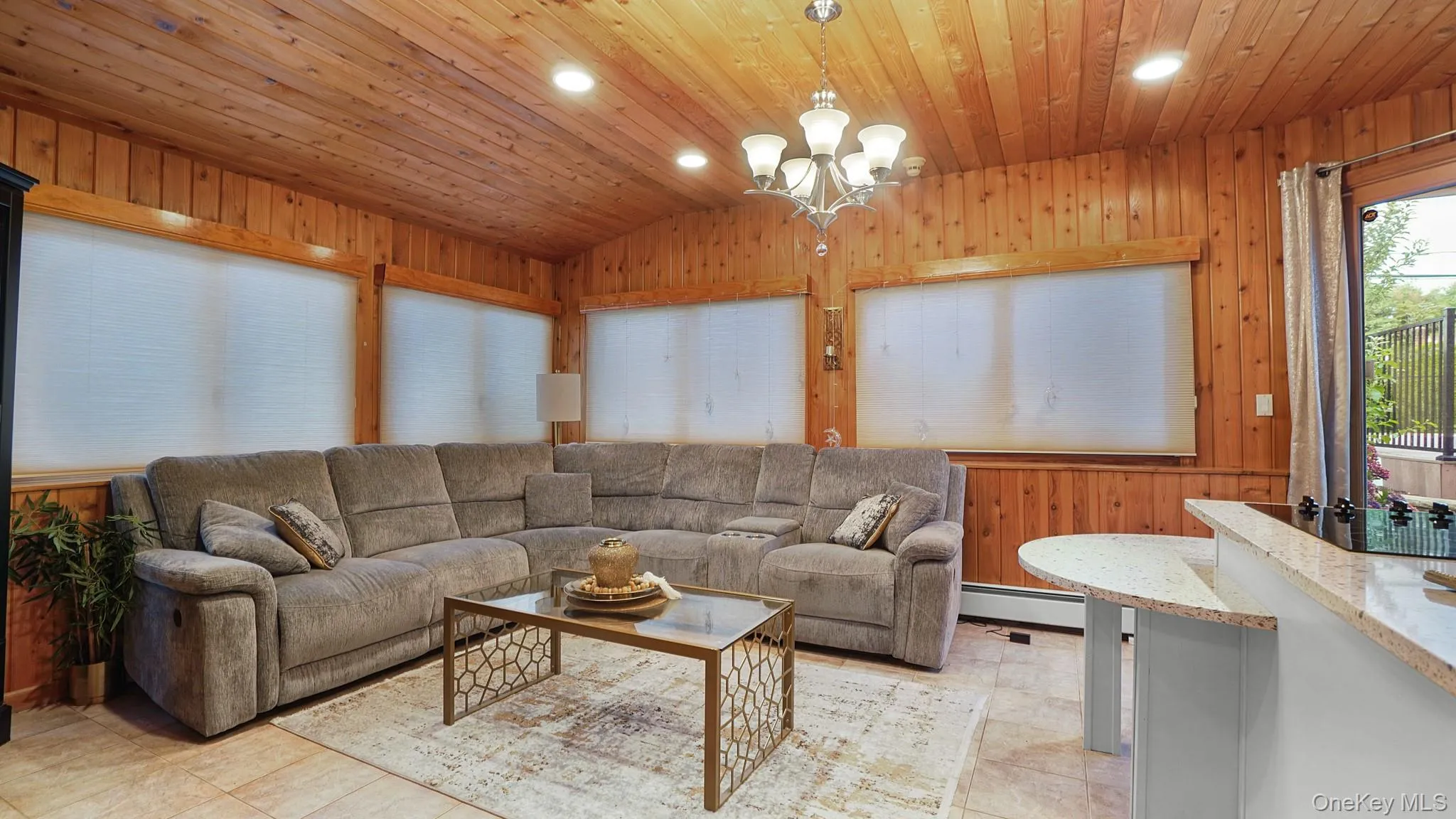 Living area featuring recessed lighting, wood ceiling, wooden walls, vaulted ceiling, and a baseboard heating unit Living area featuring recessed lighting, wood ceiling, wooden walls, vaulted ceiling, and a baseboard heating unit