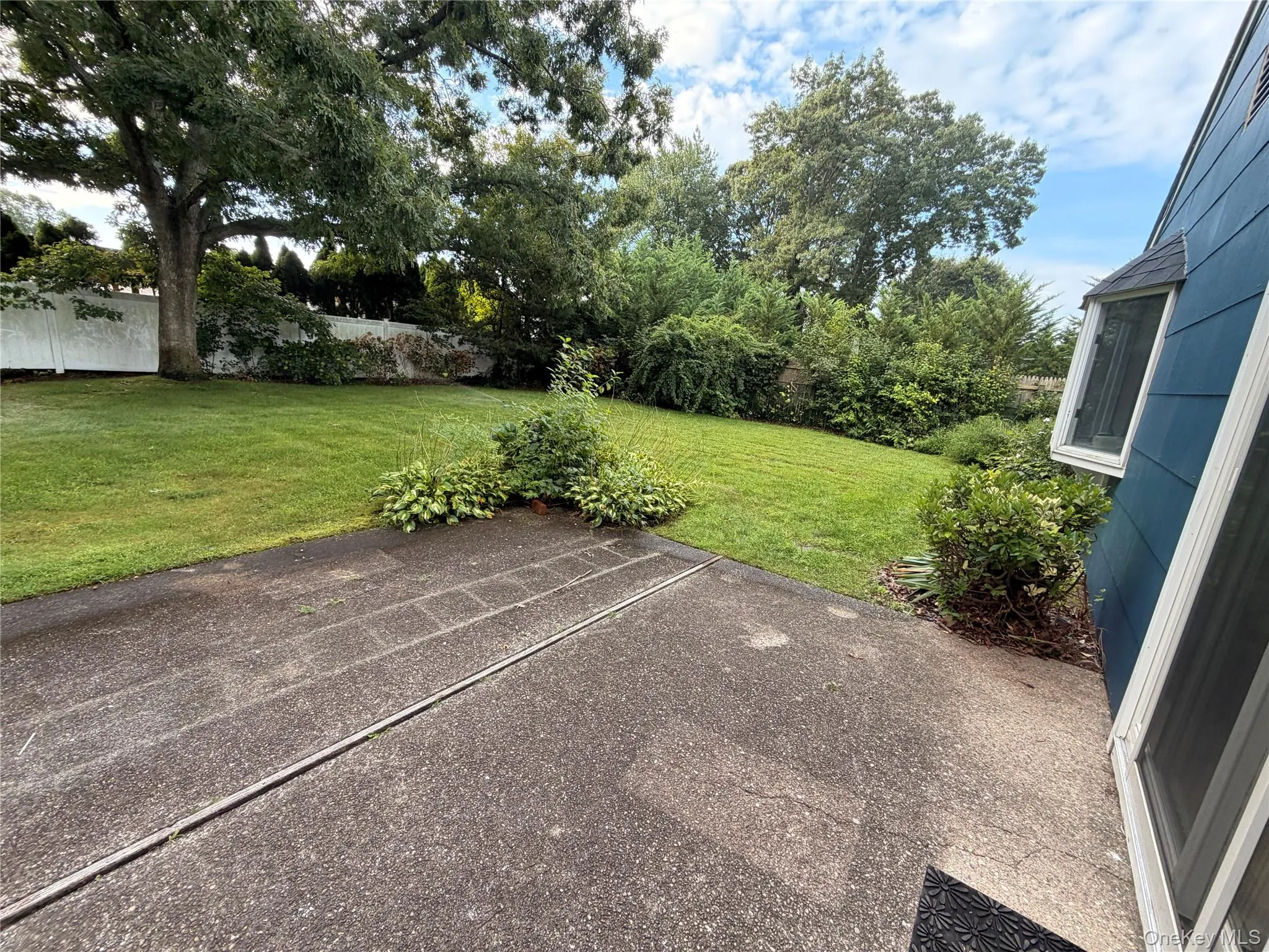 Expansive green lawn, mature trees, concrete patio, privacy fencing, and established perimeter landscaping Expansive green lawn, mature trees, concrete patio, privacy fencing, and established perimeter landscaping