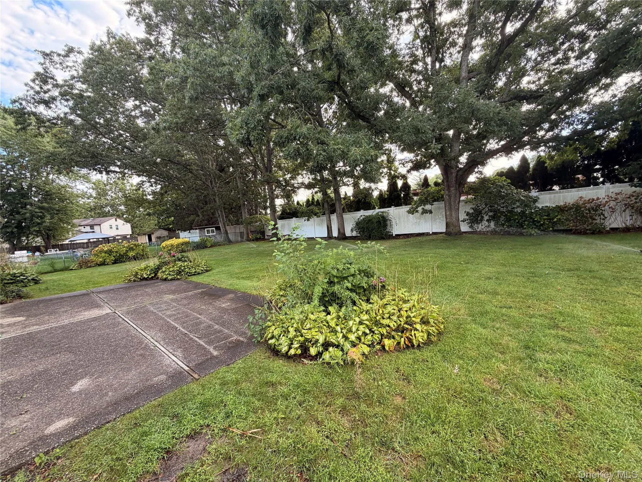 Expansive lawn area with mature trees, established garden beds, and concrete hardscaping Expansive lawn area with mature trees, established garden beds, and concrete hardscaping