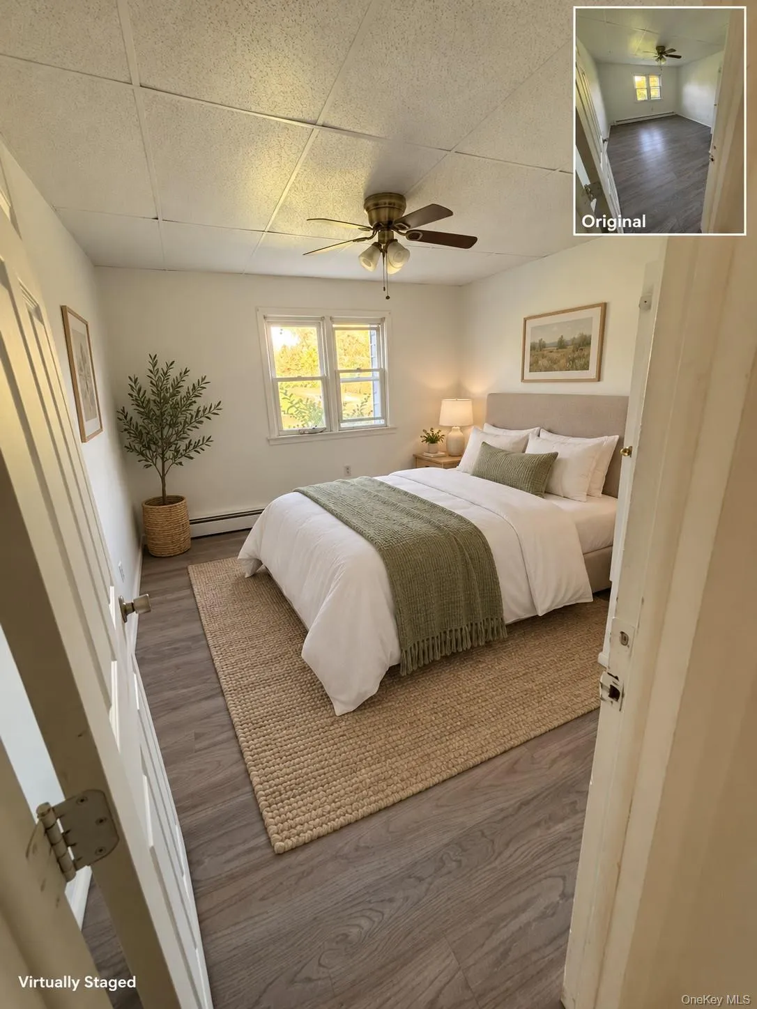 Wood-finish flooring, overhead ceiling fan with light fixture, and two panel windows Wood-finish flooring, overhead ceiling fan with light fixture, and two panel windows