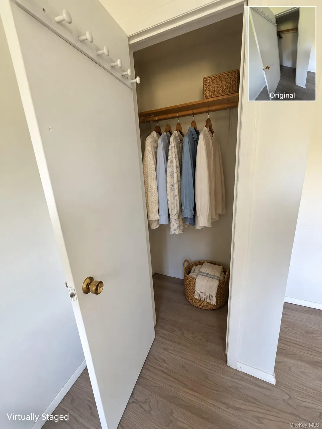 Built-in closet with wood-finish flooring, wood shelving, and a hanging rod Built-in closet with wood-finish flooring, wood shelving, and a hanging rod
