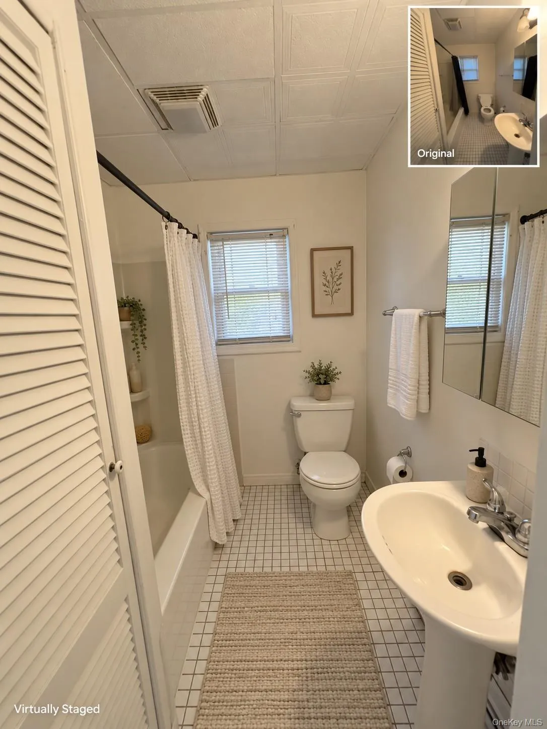 White tile flooring, pedestal sink, window with blinds, white bathtub, and toilet White tile flooring, pedestal sink, window with blinds, white bathtub, and toilet