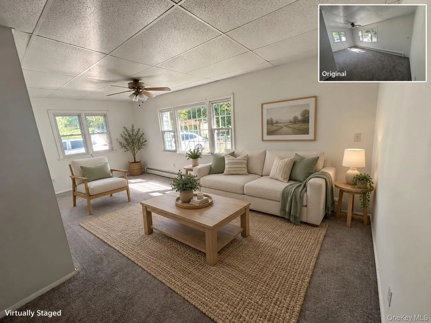 Recessed grid ceiling, multiple windows, ceiling fan, neutral wall color, and carpeted flooring Recessed grid ceiling, multiple windows, ceiling fan, neutral wall color, and carpeted flooring