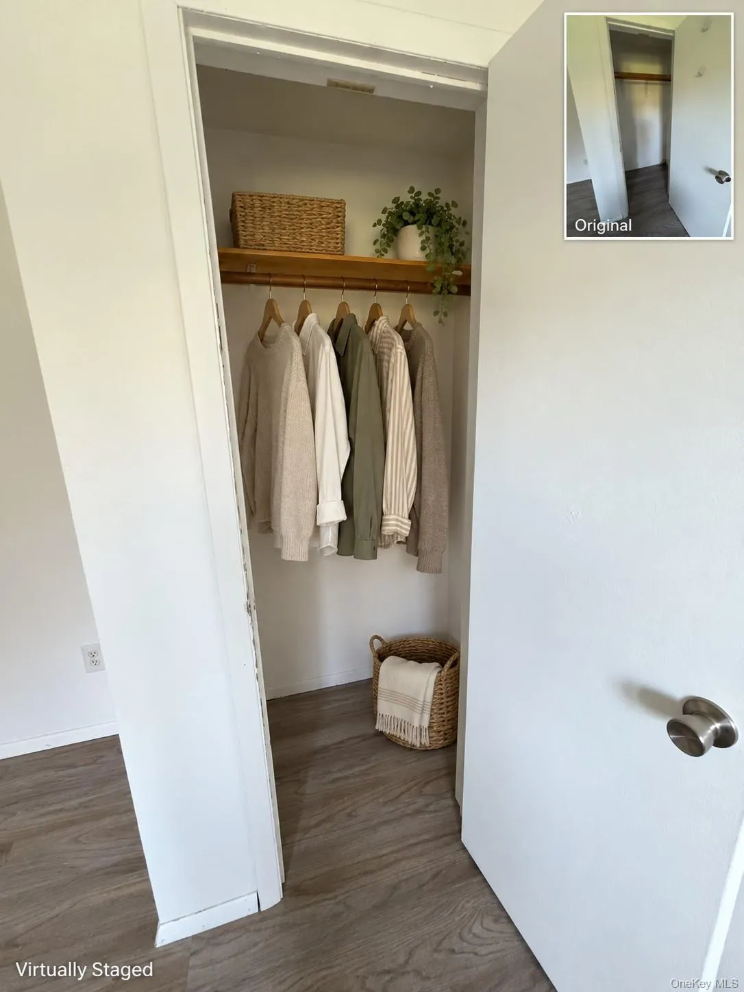 Integrated shelving with hanging rod, wood-finish flooring, and white interior paint Integrated shelving with hanging rod, wood-finish flooring, and white interior paint