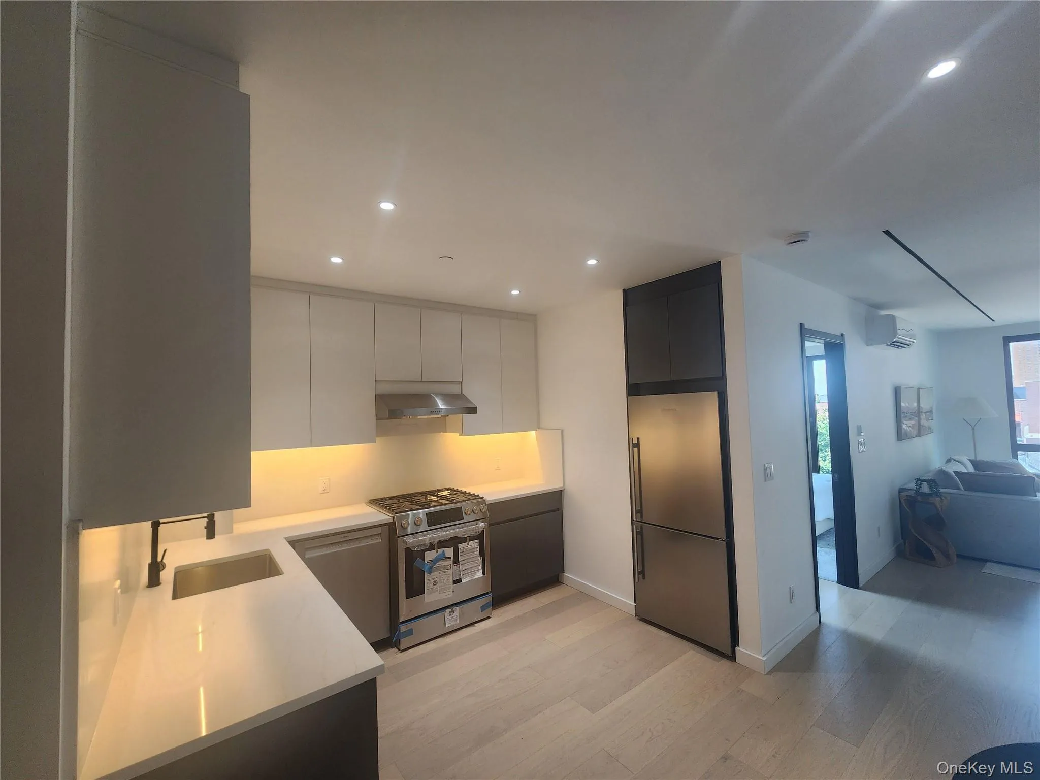 Modern kitchen featuring light wood-finish flooring, white countertops, and stainless steel appliances Modern kitchen featuring light wood-finish flooring, white countertops, and stainless steel appliances