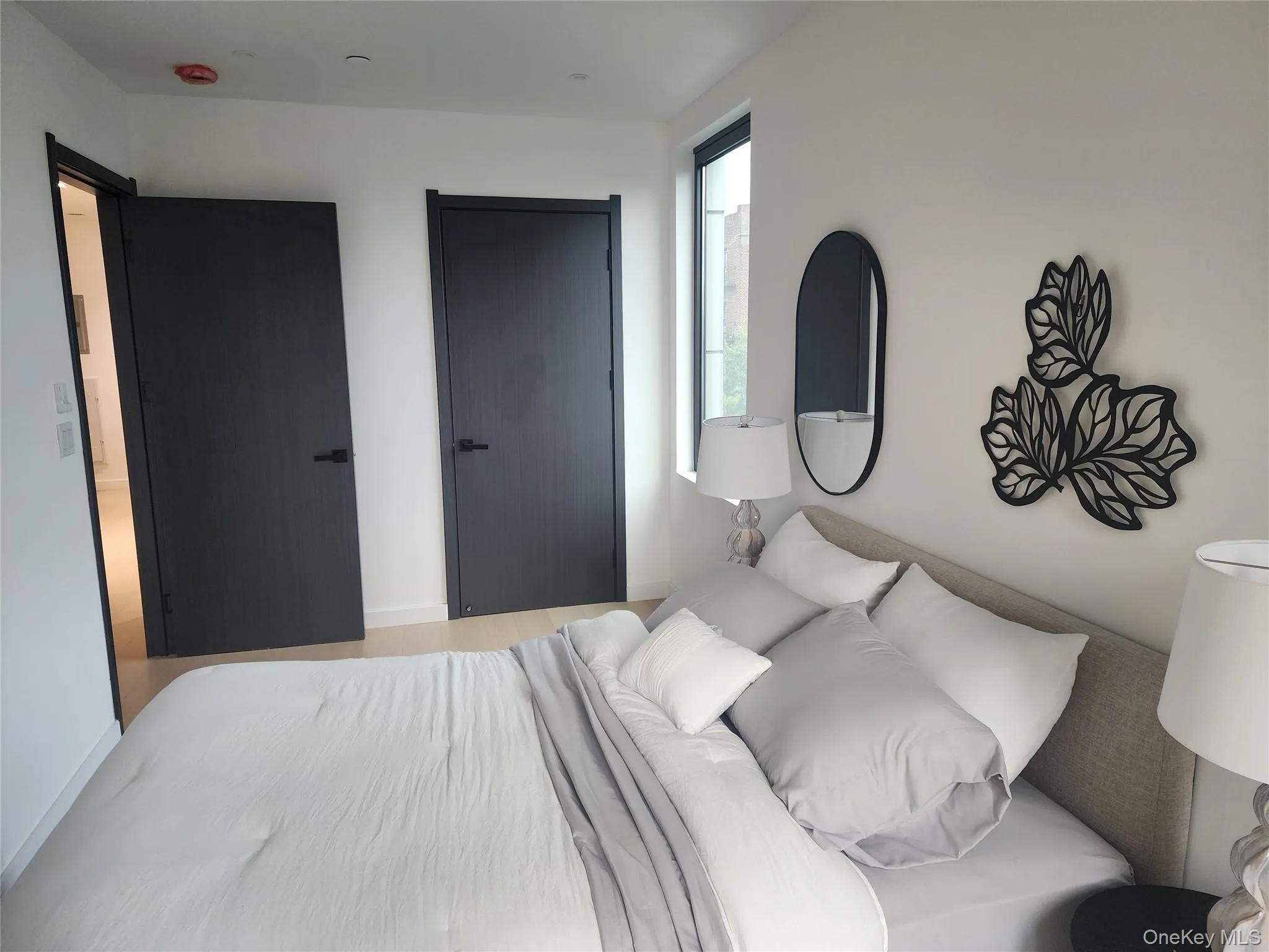 Light wood-finish flooring, white walls, and modern dark-panel doors Light wood-finish flooring, white walls, and modern dark-panel doors
