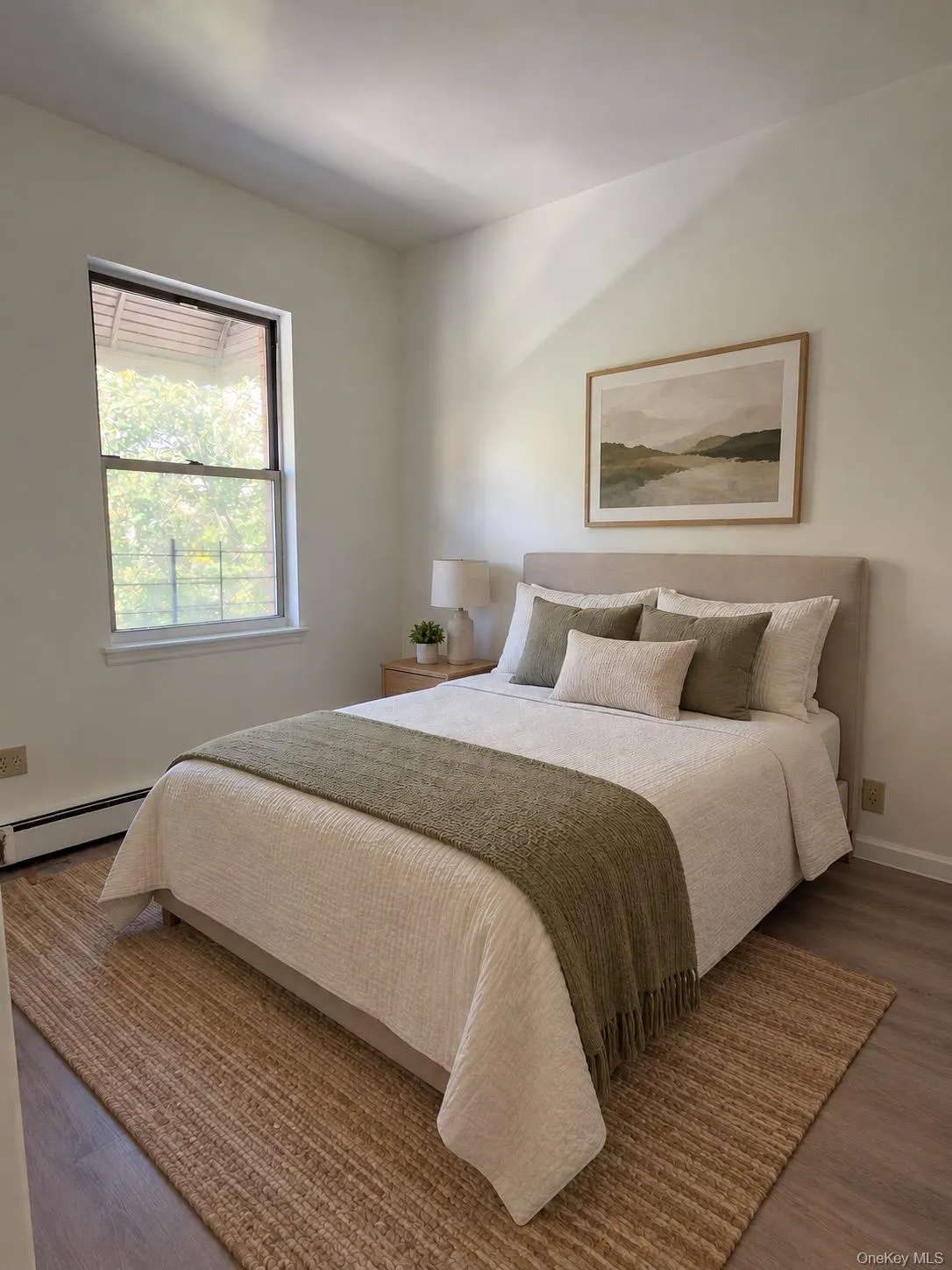 Wood-finish flooring with a large window and white trim Wood-finish flooring with a large window and white trim