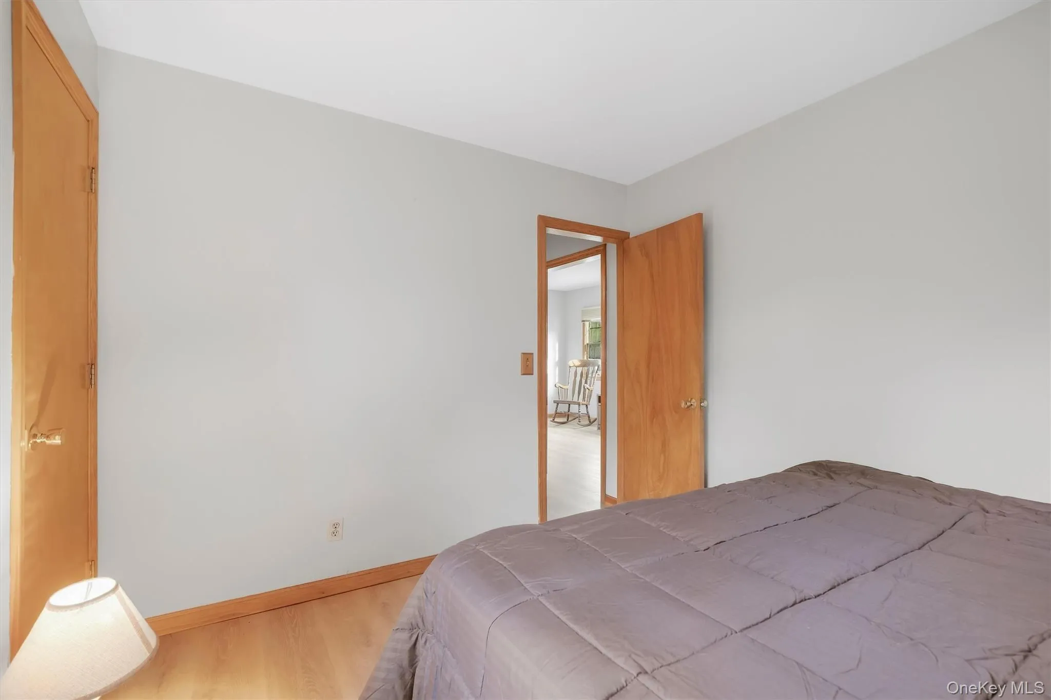 Wood-finish flooring with light-toned walls and wood interior doors Wood-finish flooring with light-toned walls and wood interior doors