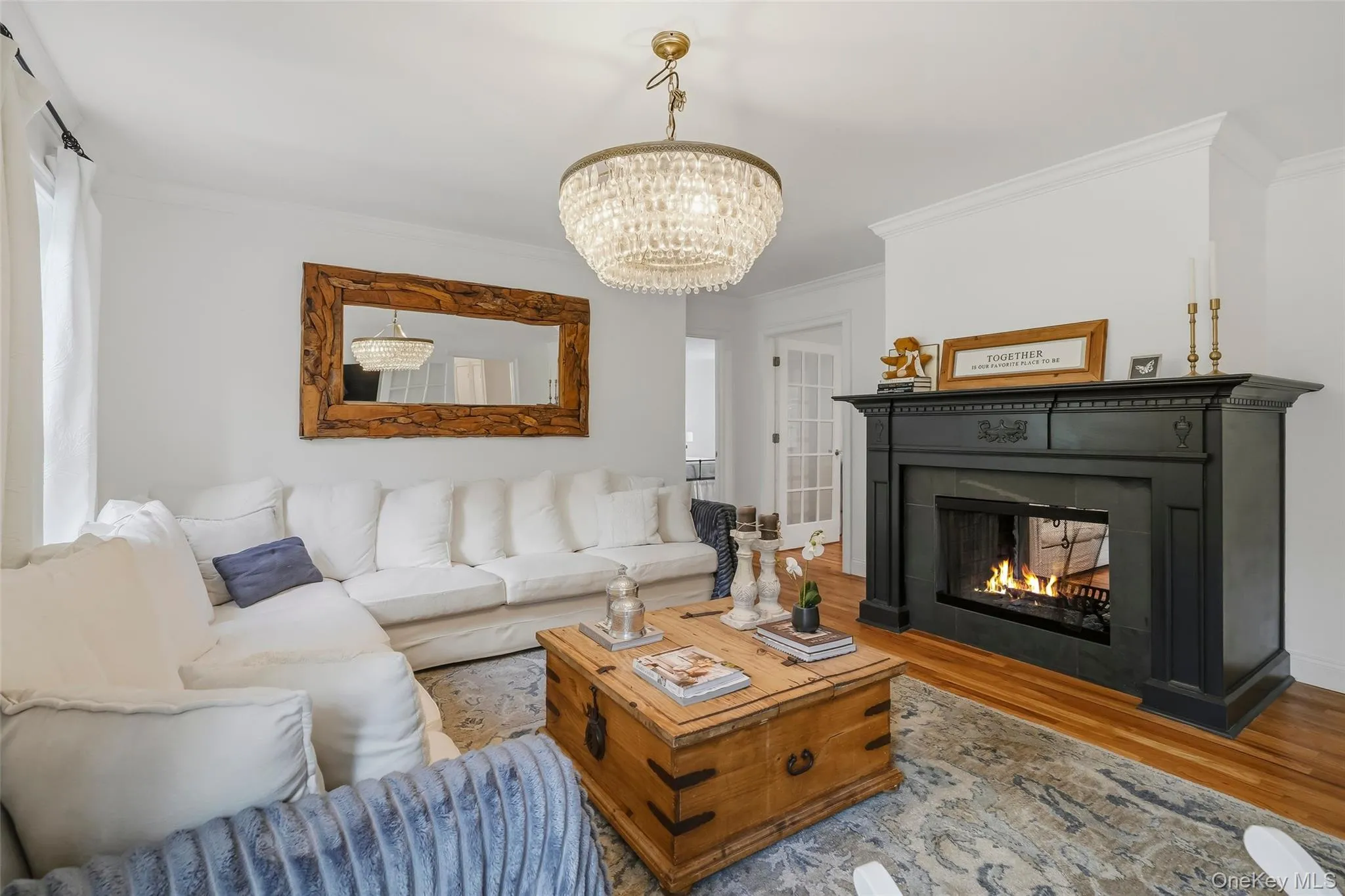 Family room with double sided wood burning fireplace Family room with double sided wood burning fireplace