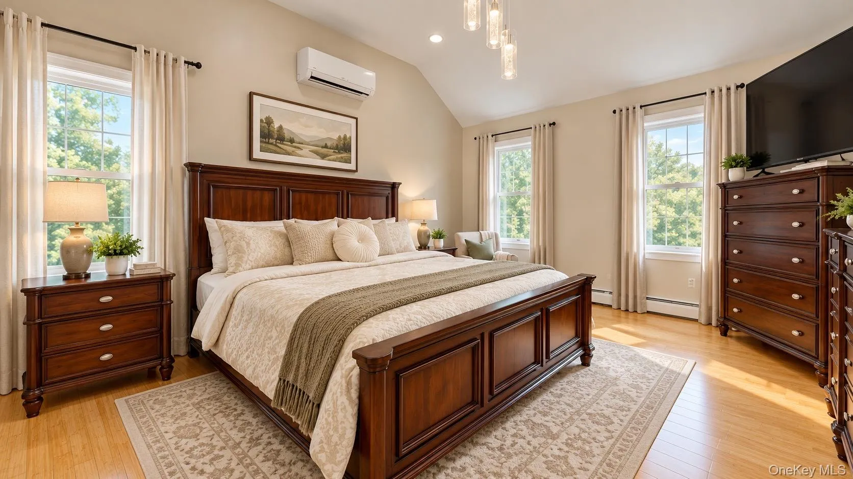 Vaulted ceiling, hardwood flooring, multiple windows with natural light, wall-mounted climate control unit, and a chandelier fixture Vaulted ceiling, hardwood flooring, multiple windows with natural light, wall-mounted climate control unit, and a chandelier fixture