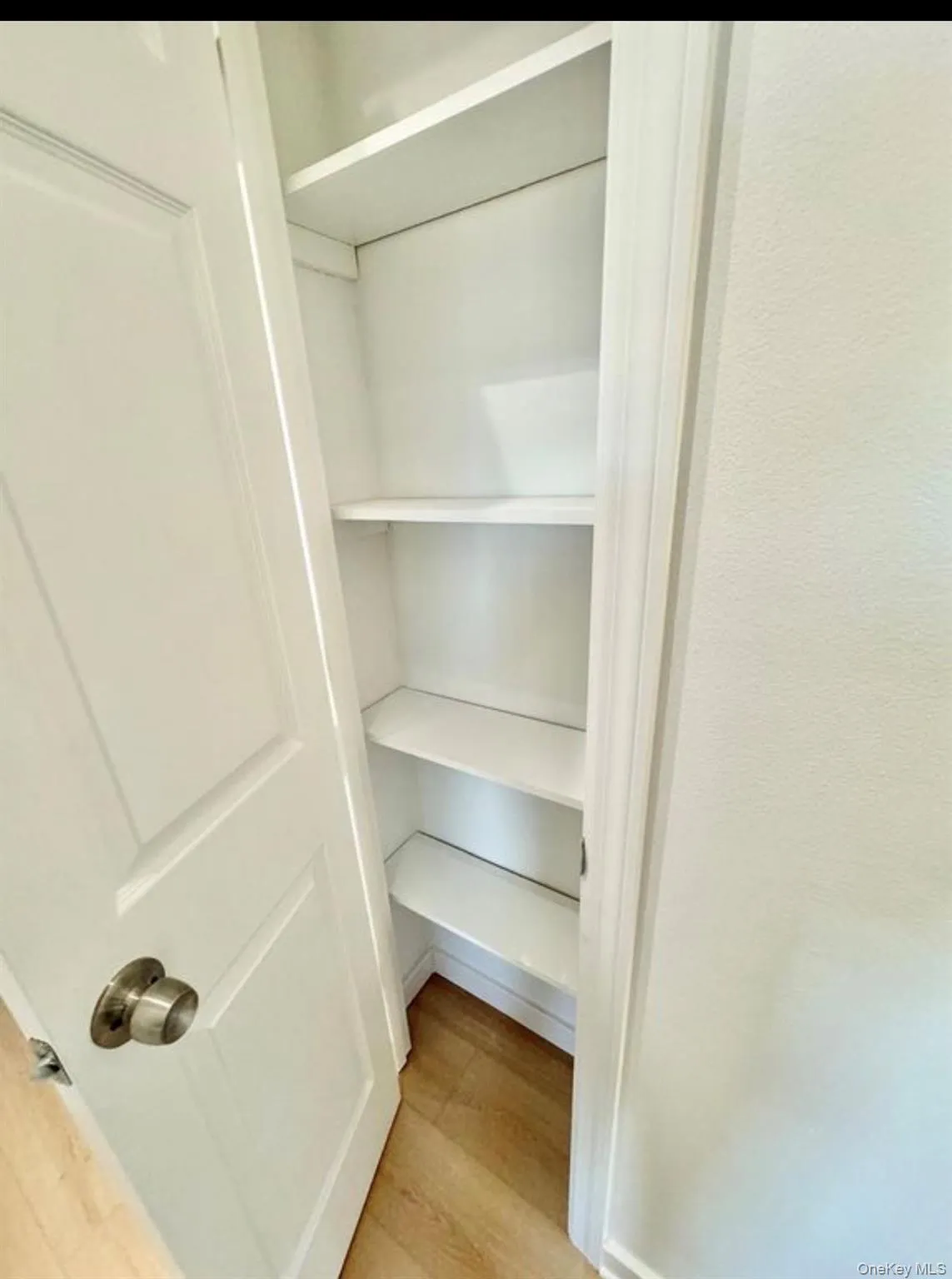 Built-in shelving unit with white finish, complementing the light wood-finish flooring Built-in shelving unit with white finish, complementing the light wood-finish flooring