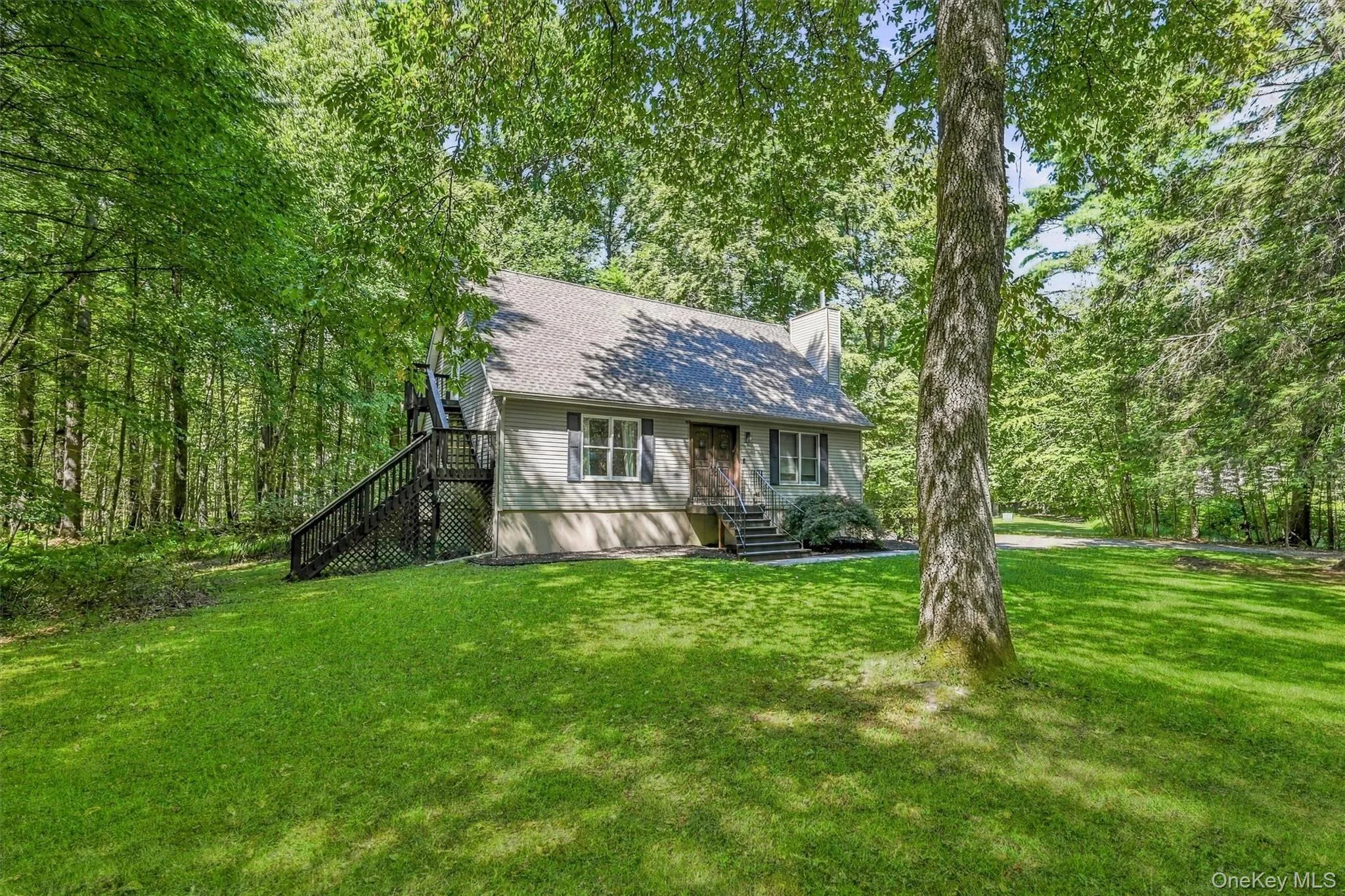 Gray siding exterior with a pitched roof, front entry stairs, side deck access, and mature trees surrounding the property Gray siding exterior with a pitched roof, front entry stairs, side deck access, and mature trees surrounding the property
