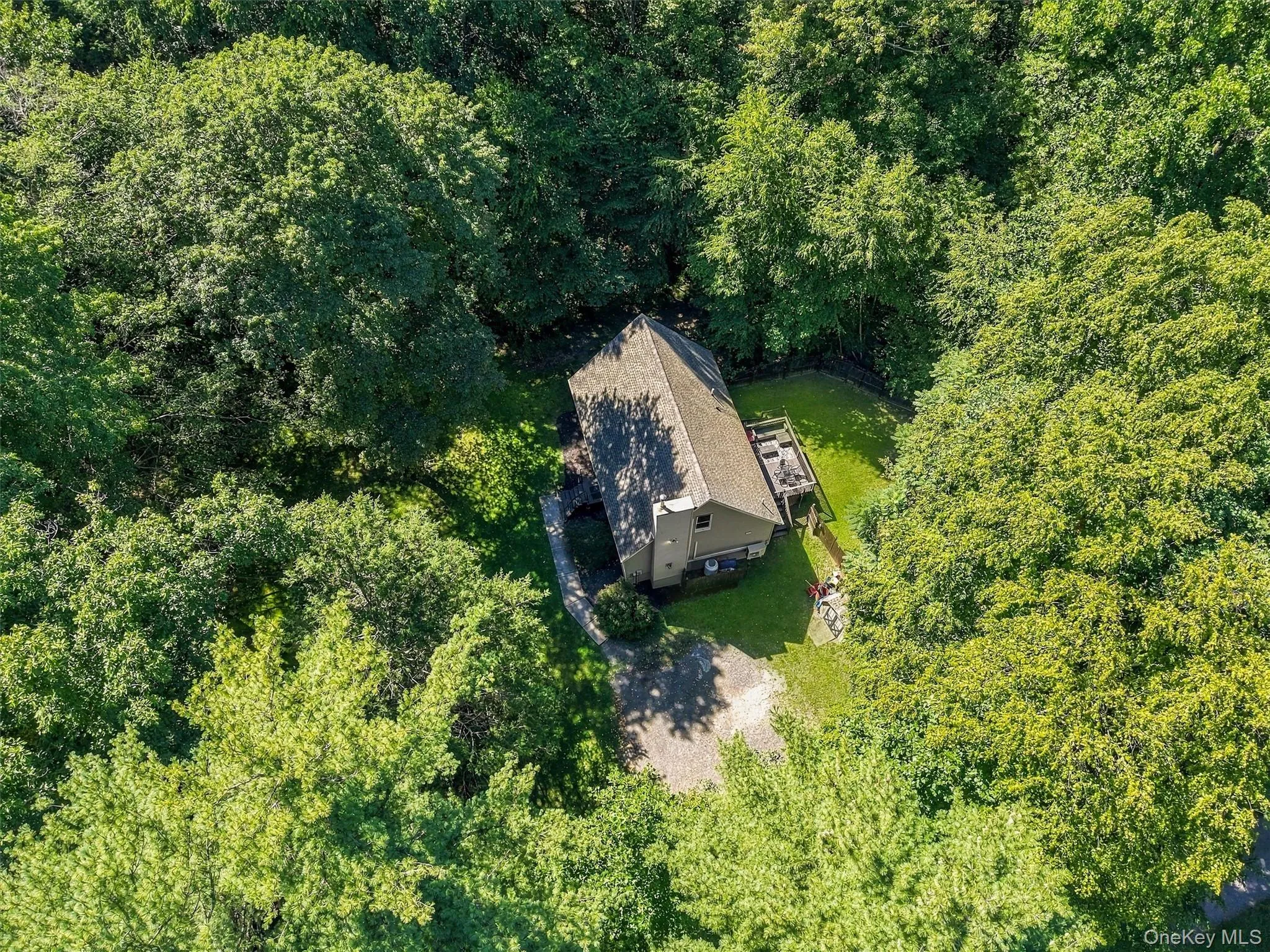 Private property surrounded by dense, mature trees, featuring a gabled roofline, a rear deck, and a driveway Private property surrounded by dense, mature trees, featuring a gabled roofline, a rear deck, and a driveway
