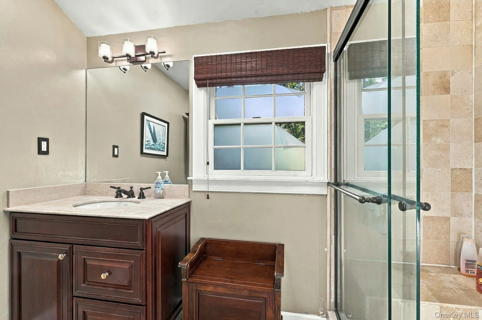 Second floor full bath with walk in shower off of hall. Second floor full bath with walk in shower off of hall.