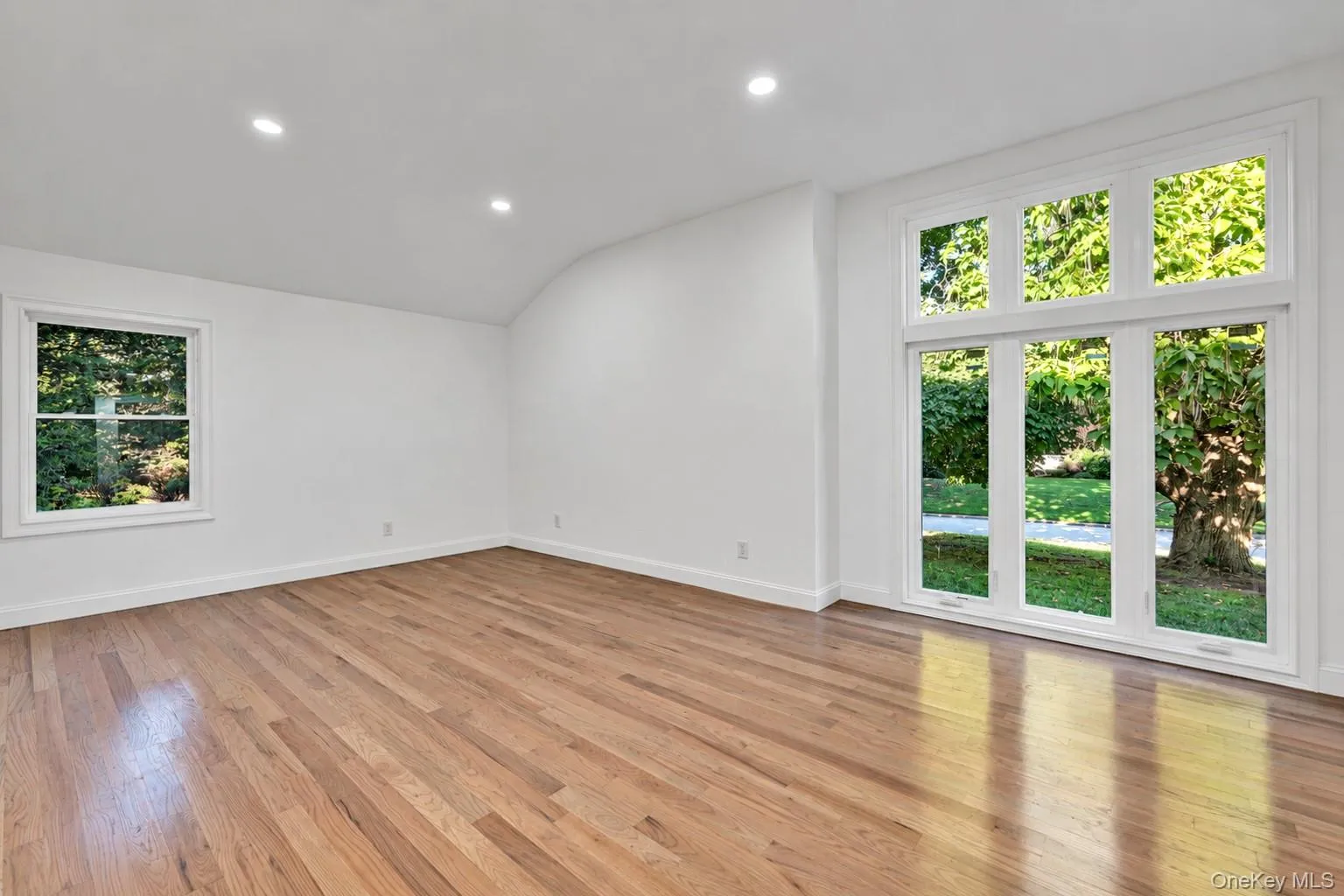 Wood-finish flooring, recessed lighting, and a large multi-pane window with additional transom windows Wood-finish flooring, recessed lighting, and a large multi-pane window with additional transom windows