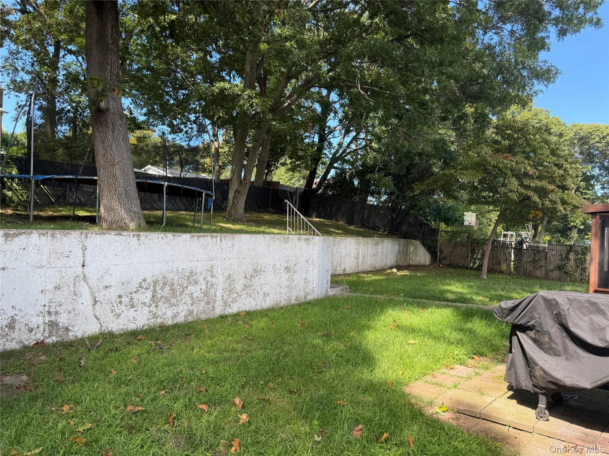 Expansive yard featuring mature trees, a concrete retaining wall, and a grass lawn Expansive yard featuring mature trees, a concrete retaining wall, and a grass lawn