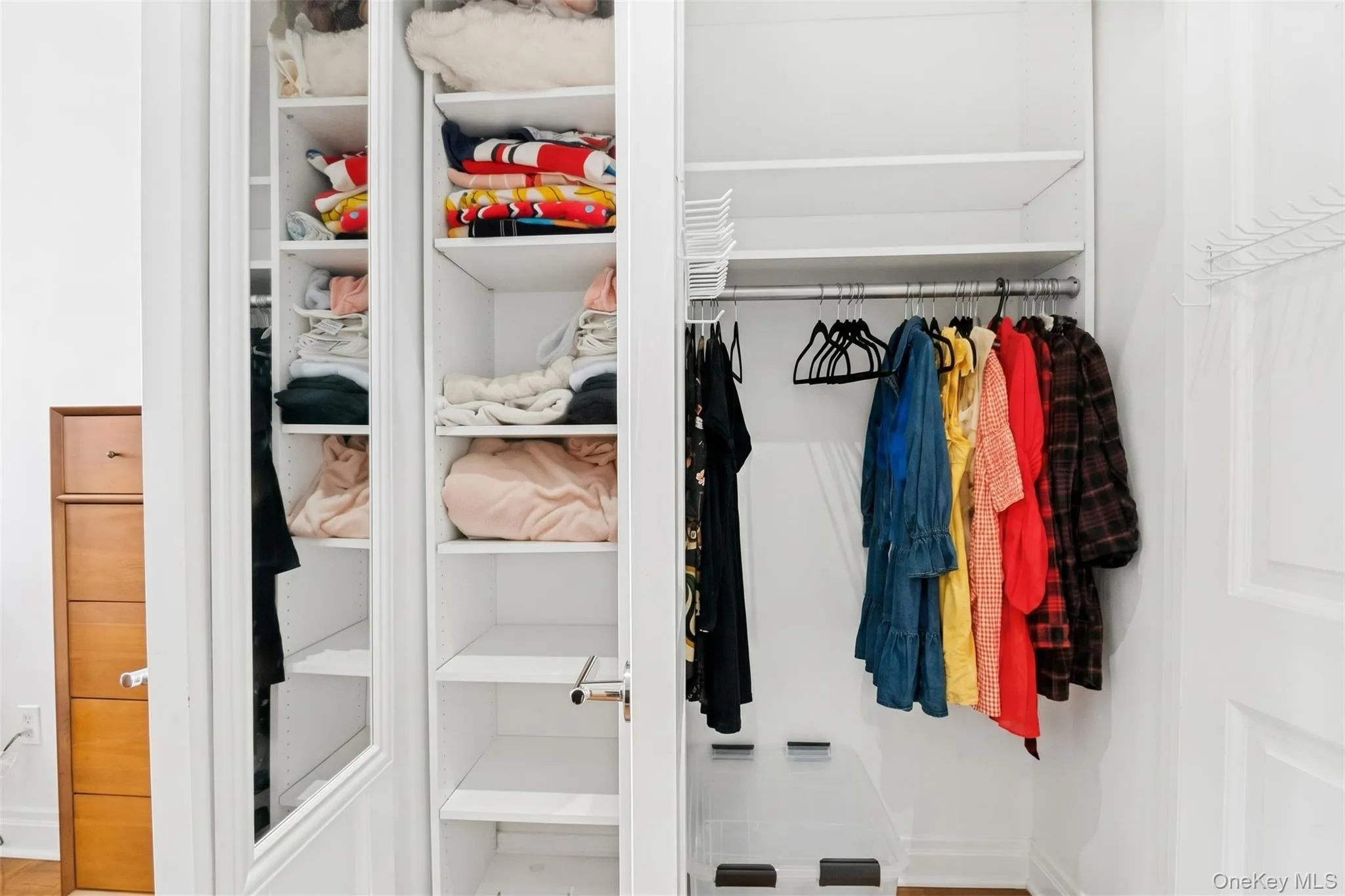Outfitted closets with shelves and hanging space Outfitted closets with shelves and hanging space