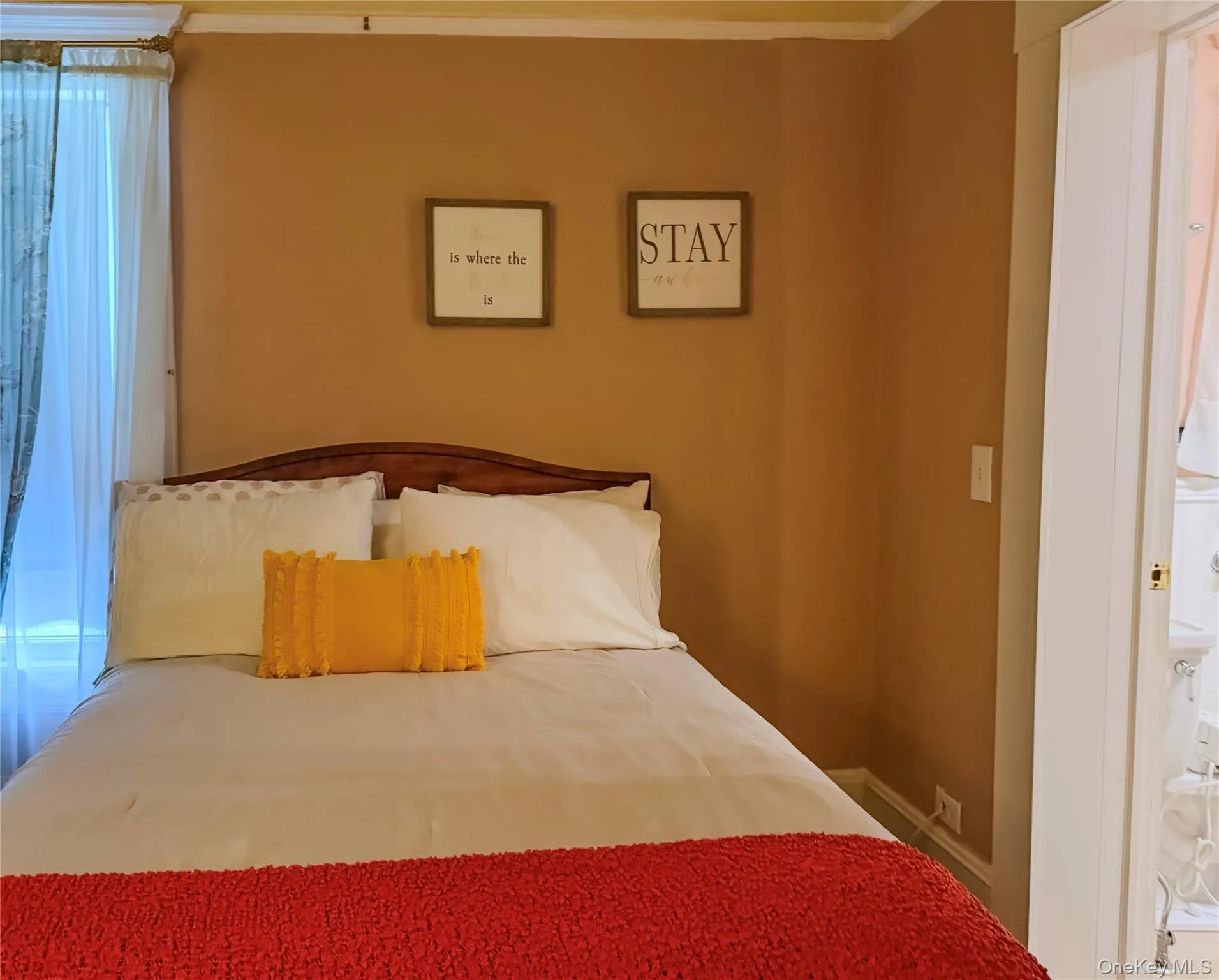 Main House Upstairs Bedroom Hardwood flooring, painted walls with decorative border, white trim Main House Upstairs Bedroom Hardwood flooring, painted walls with decorative border, white trim