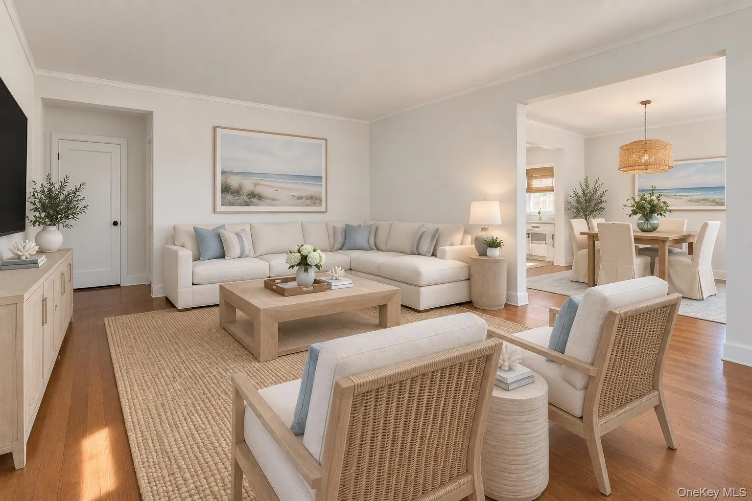 Virtually staged living room and dining room. Virtually staged living room and dining room.