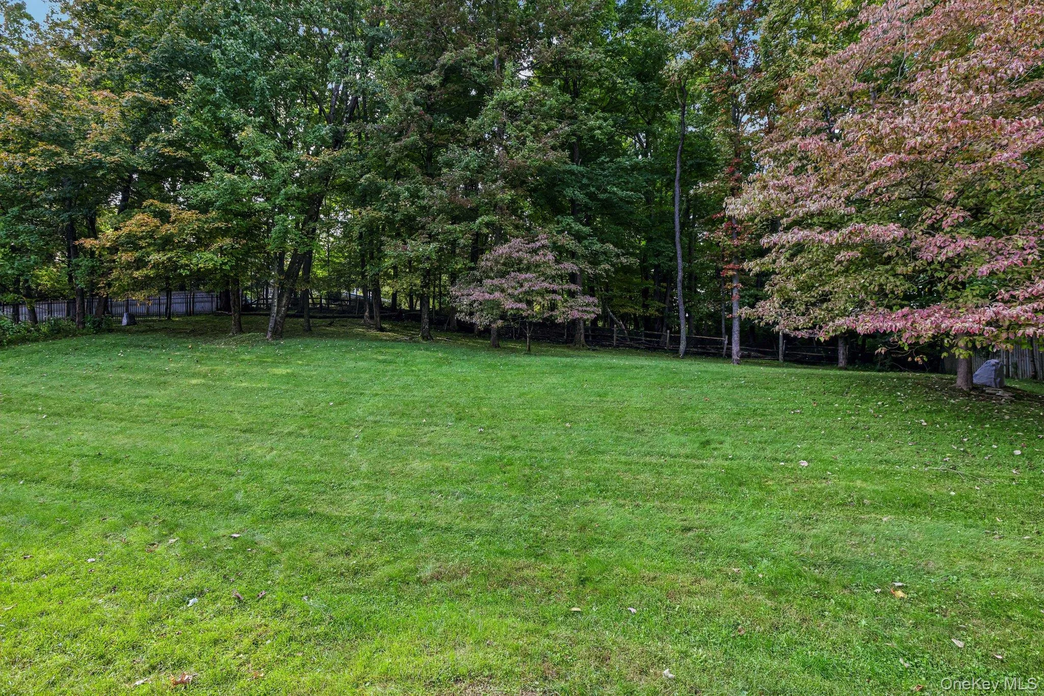 Expansive green lawn with mature trees and a partial wood fence Expansive green lawn with mature trees and a partial wood fence