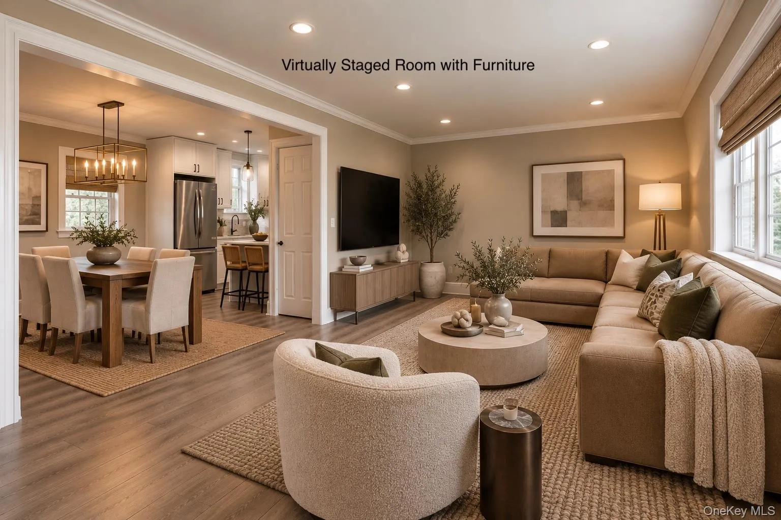 Virtually furnished family room into dining Virtually furnished family room into dining