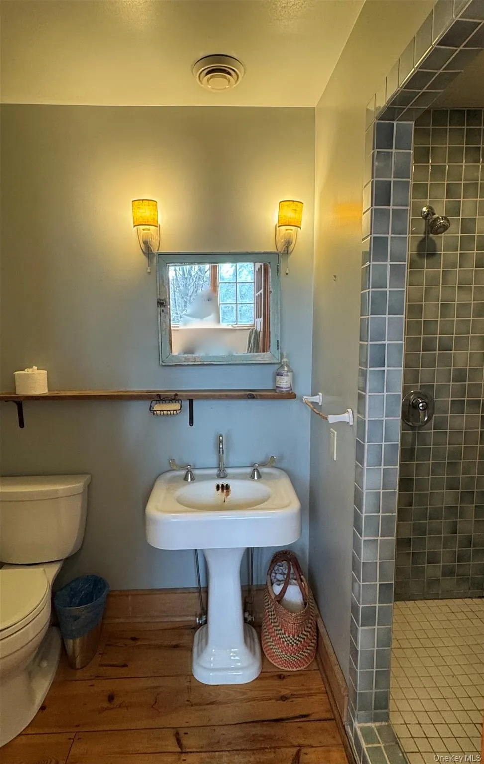 2nd Full Bathroom Featuring Tiled Shower, Wood Floors & Antique Sink 2nd Full Bathroom Featuring Tiled Shower, Wood Floors & Antique Sink