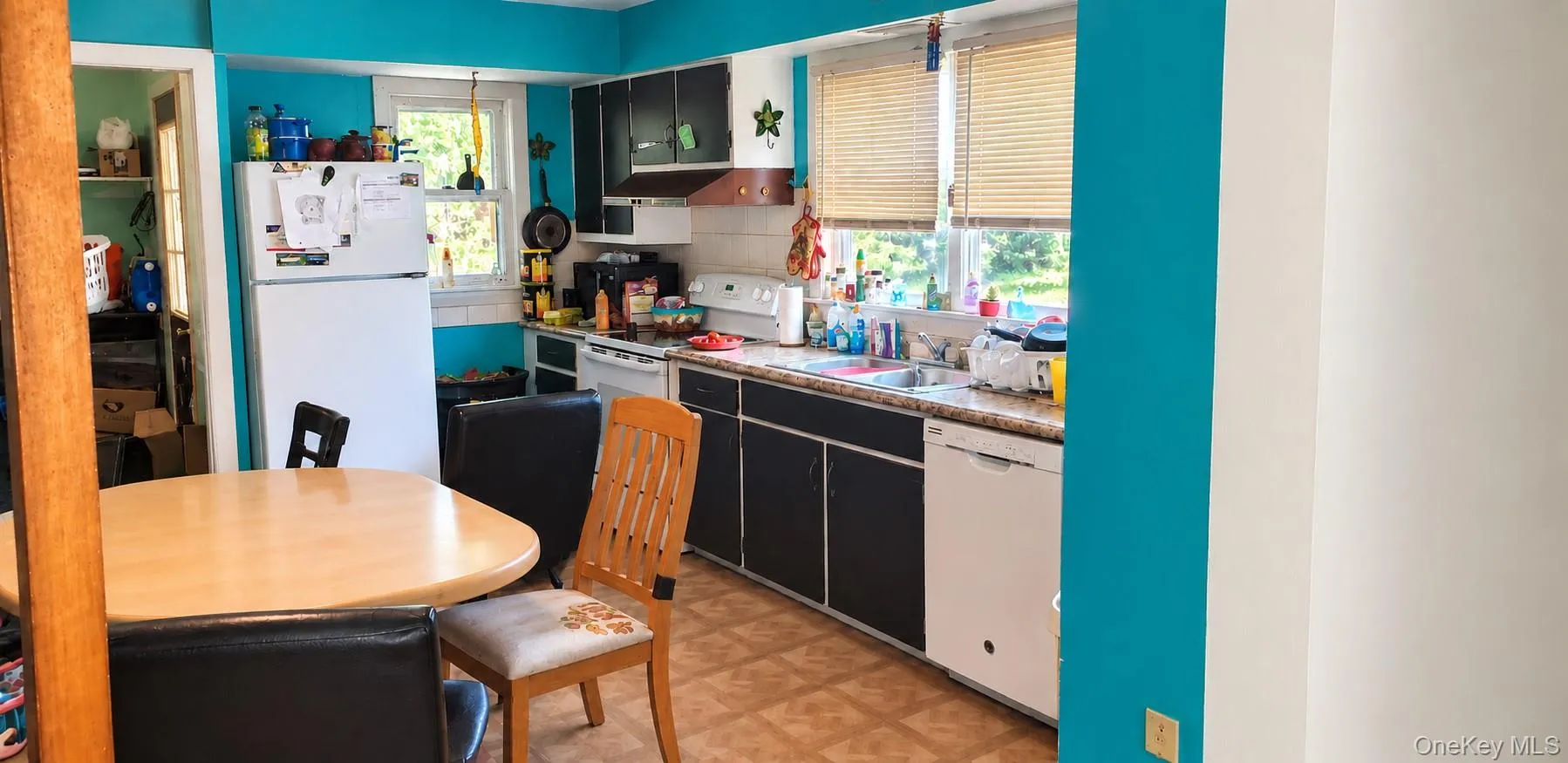 Kitchen featuring a double basin sink, white appliances, black cabinetry, and a window Kitchen featuring a double basin sink, white appliances, black cabinetry, and a window