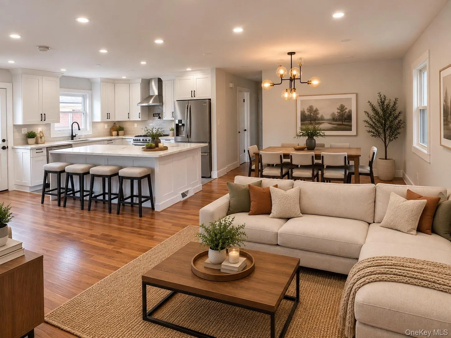 VIRTUALLY STAGED-Open-concept living area with wood-finish flooring, recessed lighting, and a modern chandelier. VIRTUALLY STAGED-Open-concept living area with wood-finish flooring, recessed lighting, and a modern chandelier.
