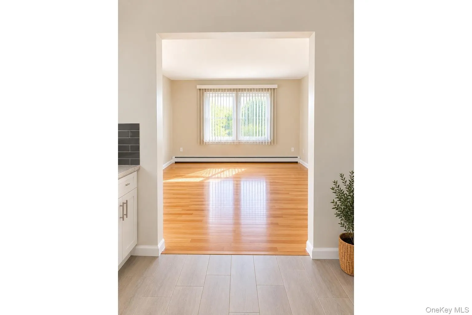 Wide arched doorway opening to a room with wood-finish flooring Wide arched doorway opening to a room with wood-finish flooring