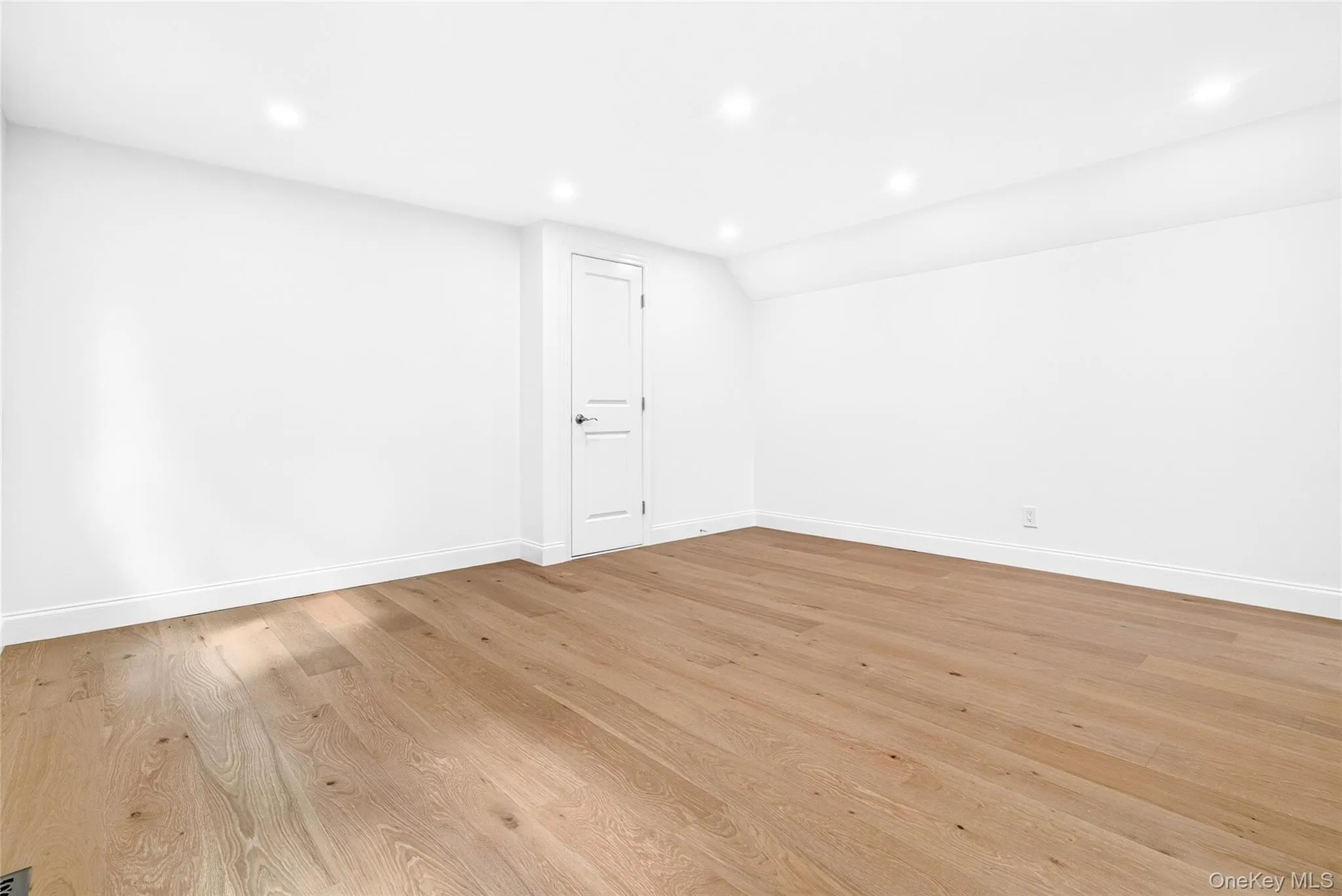 Wood-finish flooring with recessed ceiling lighting, a solid panel door, and white painted walls Wood-finish flooring with recessed ceiling lighting, a solid panel door, and white painted walls